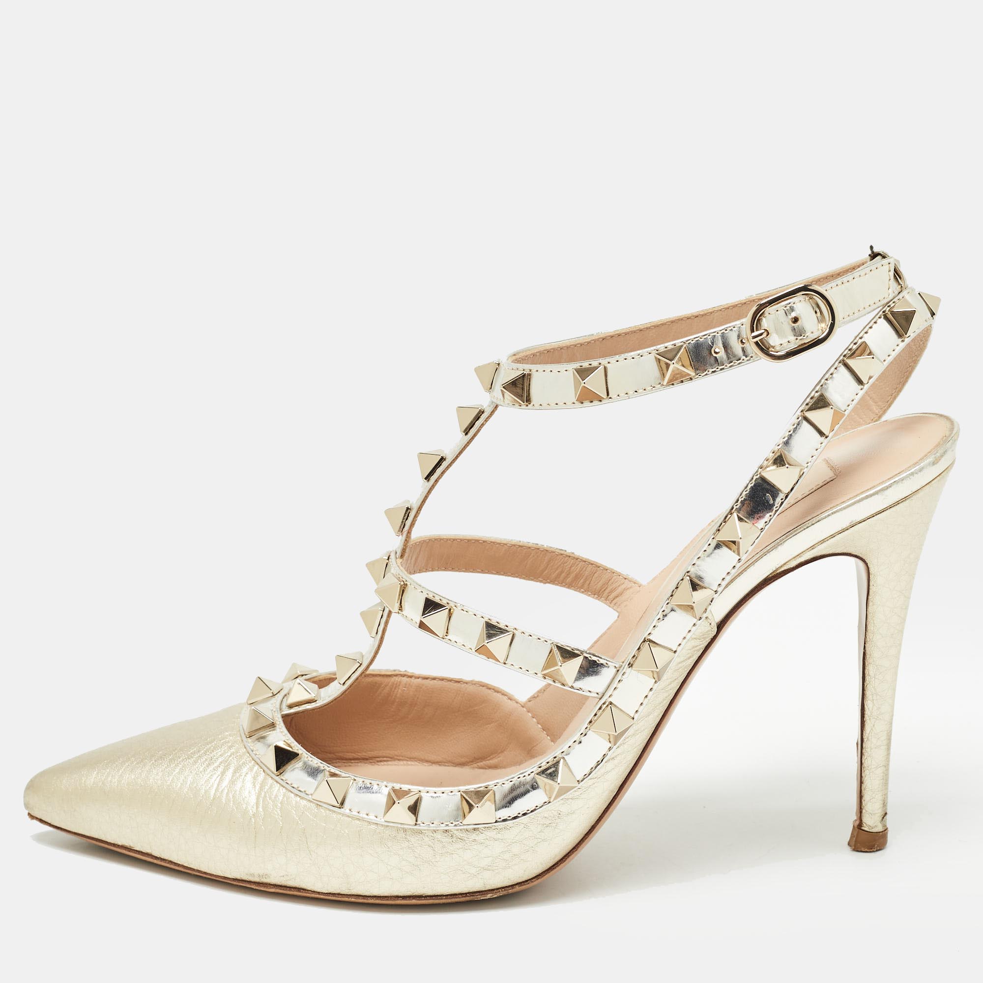

Valentino Gold Leather Rockstud Ankle Strap Pumps Size