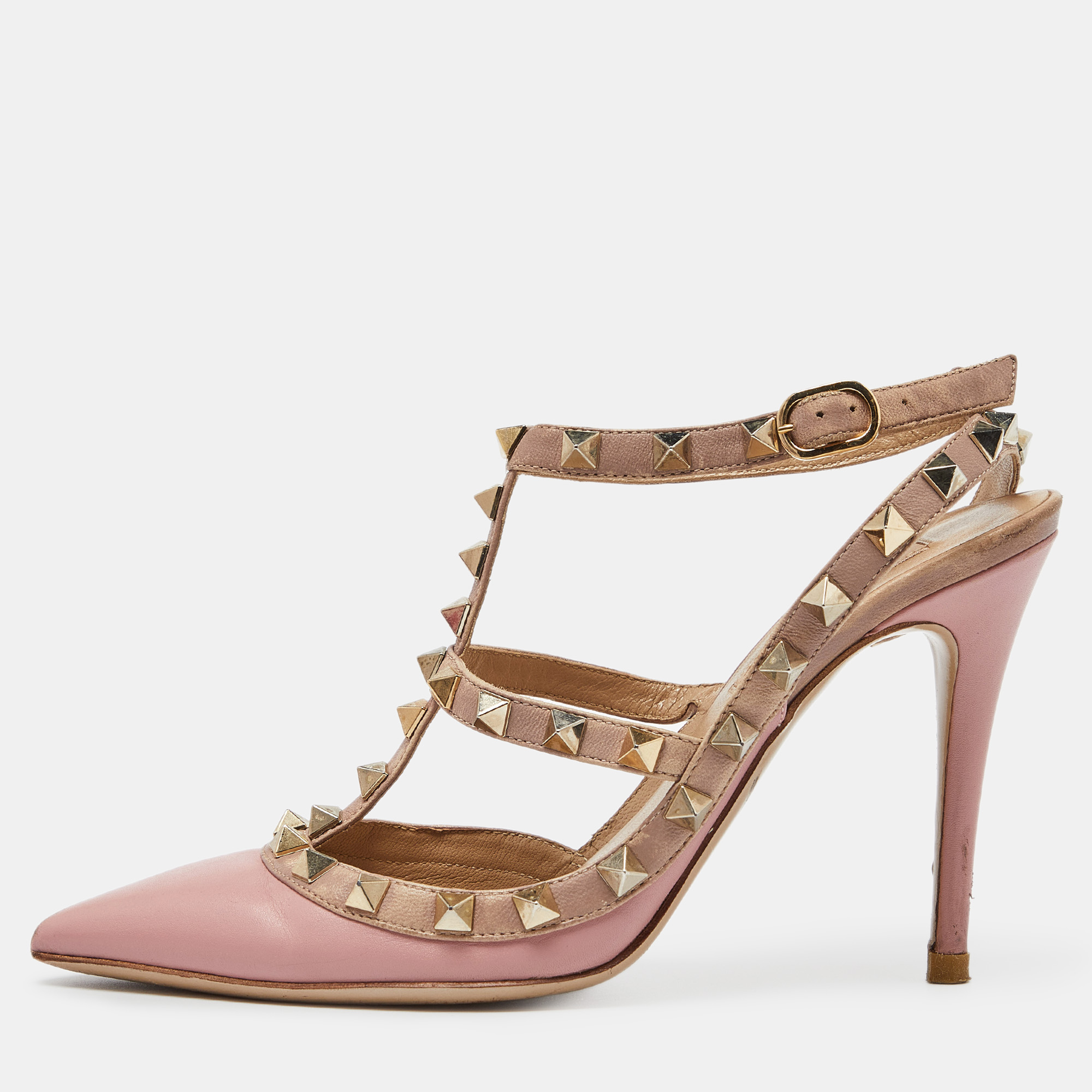 Pre-owned Valentino Garavani Pink/beige Leather Rockstud Cage Pumps Size 36