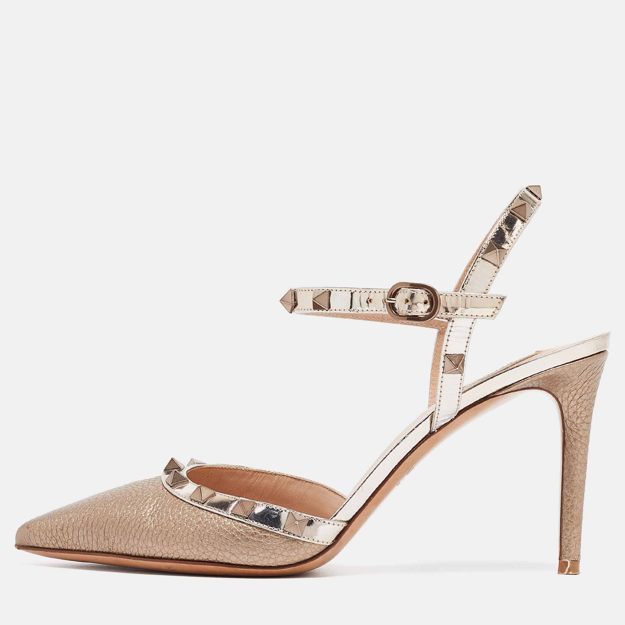 

Valentino Gold Leather Rockstud Ankle Strap Pumps Size