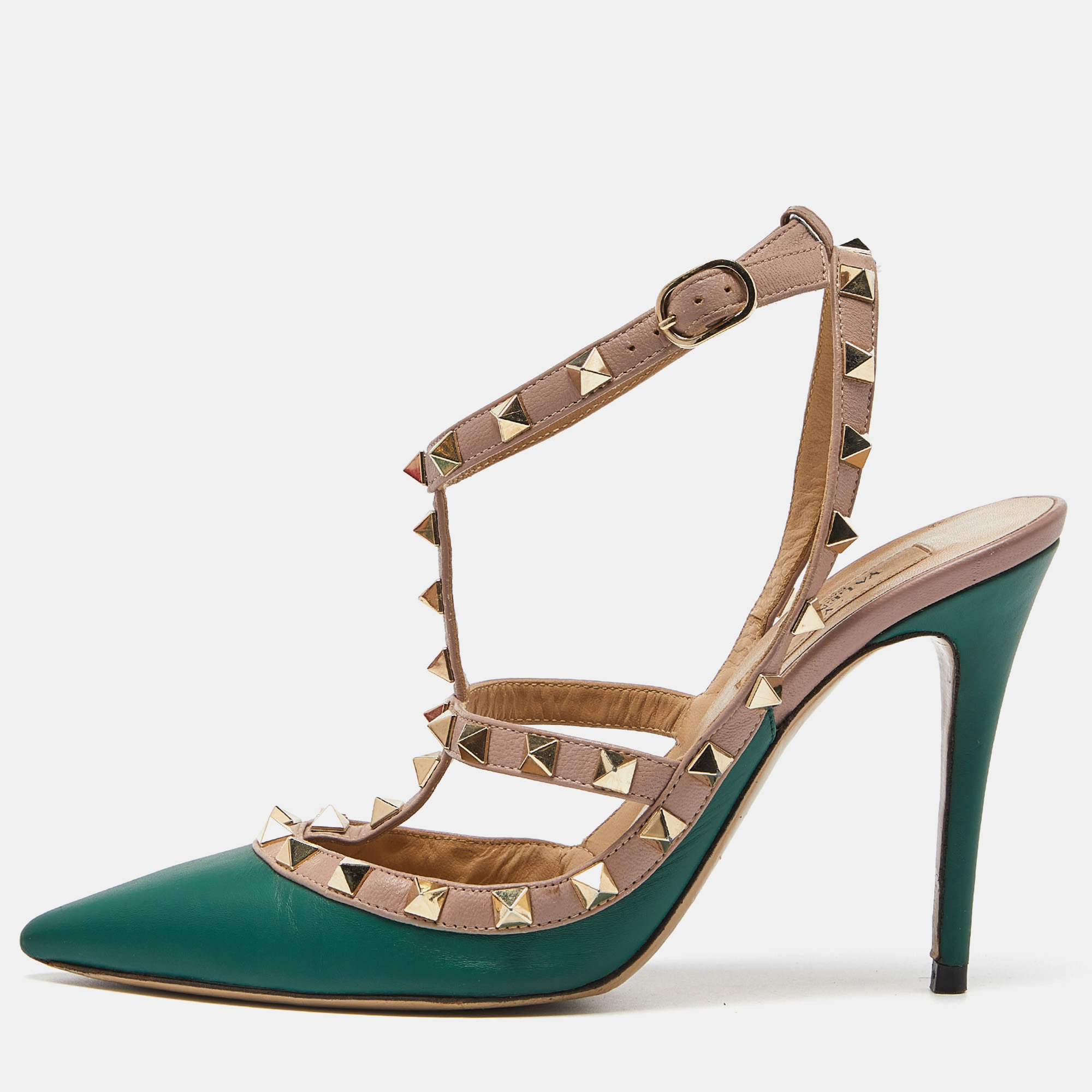 

Valentino Green/Beige Leather Rockstud Strappy Pointed Toe Pumps Size