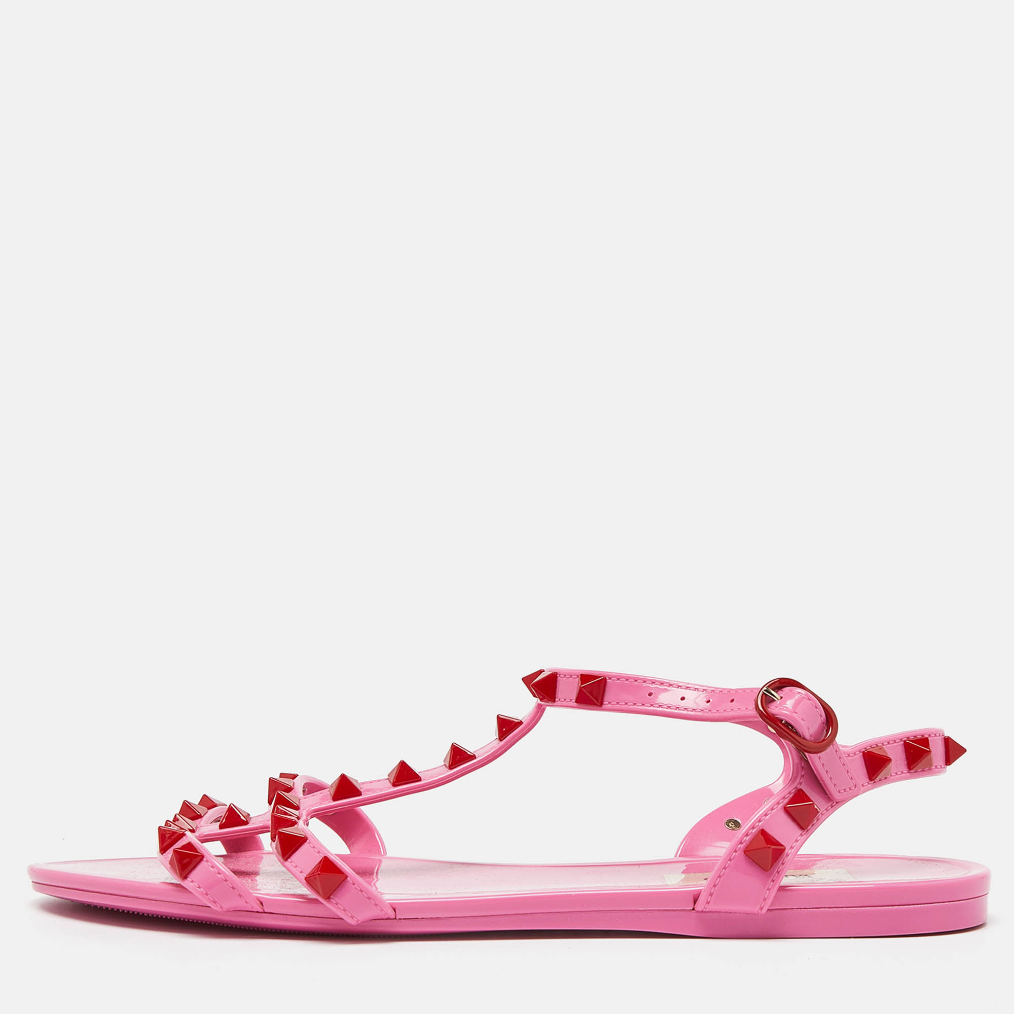 

Valentino Pink Rubber Rockstud Ankle Strappy Flat Sandals Size