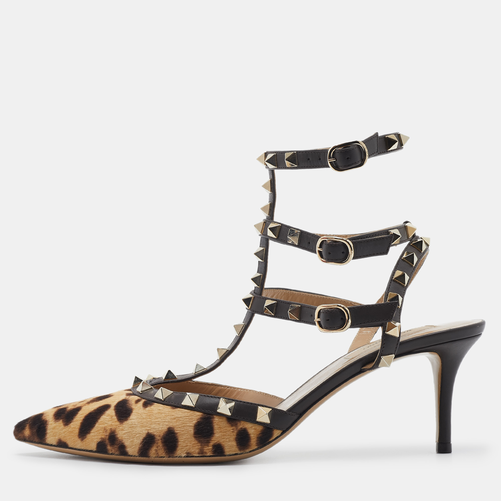 

Valentino Brown/Beige Leopard Print Pony Hair And Leather Rockstud Strappy Pumps Size