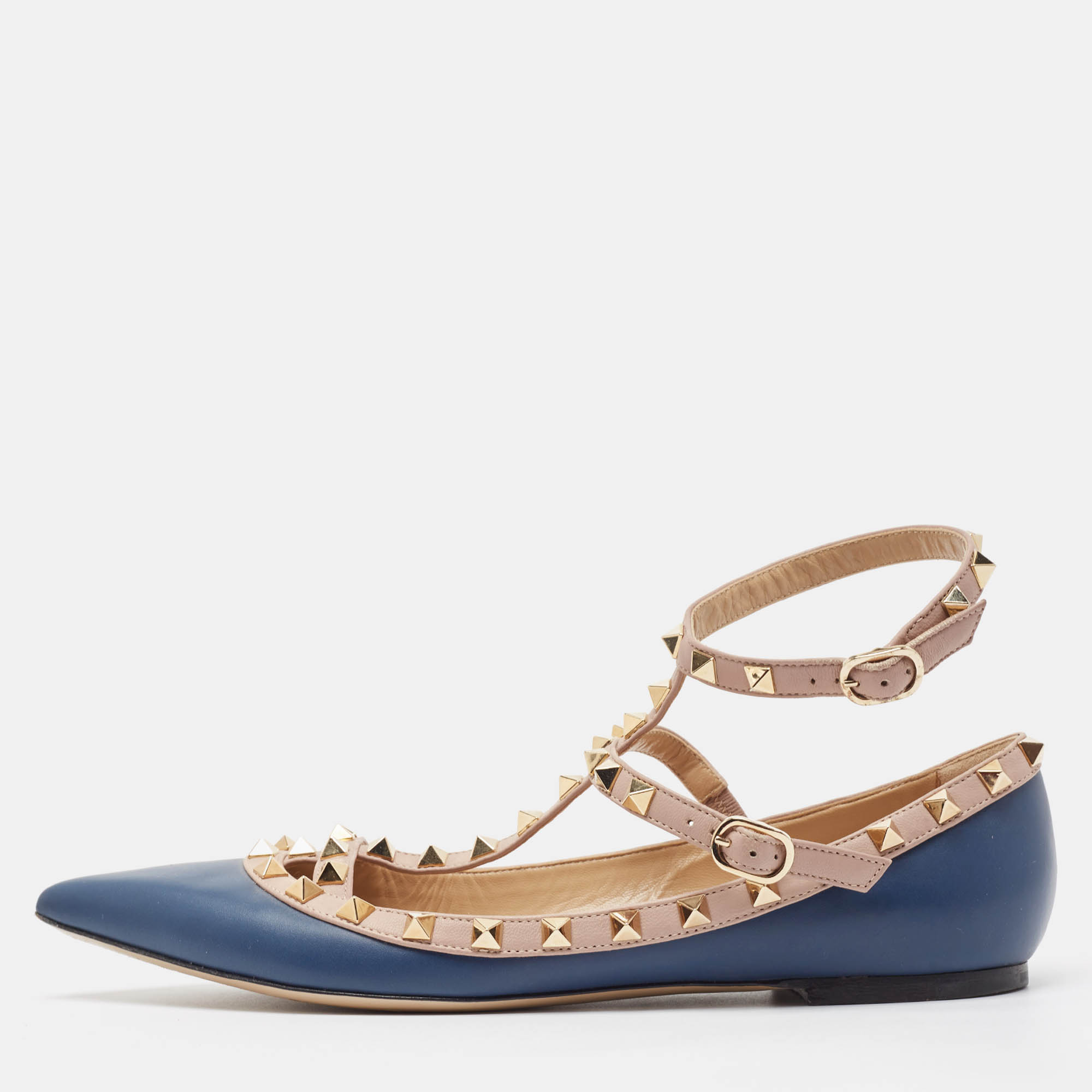 

Valentino Blue/Dusty Pink Leather Rockstud Ankle Strap Flats Size