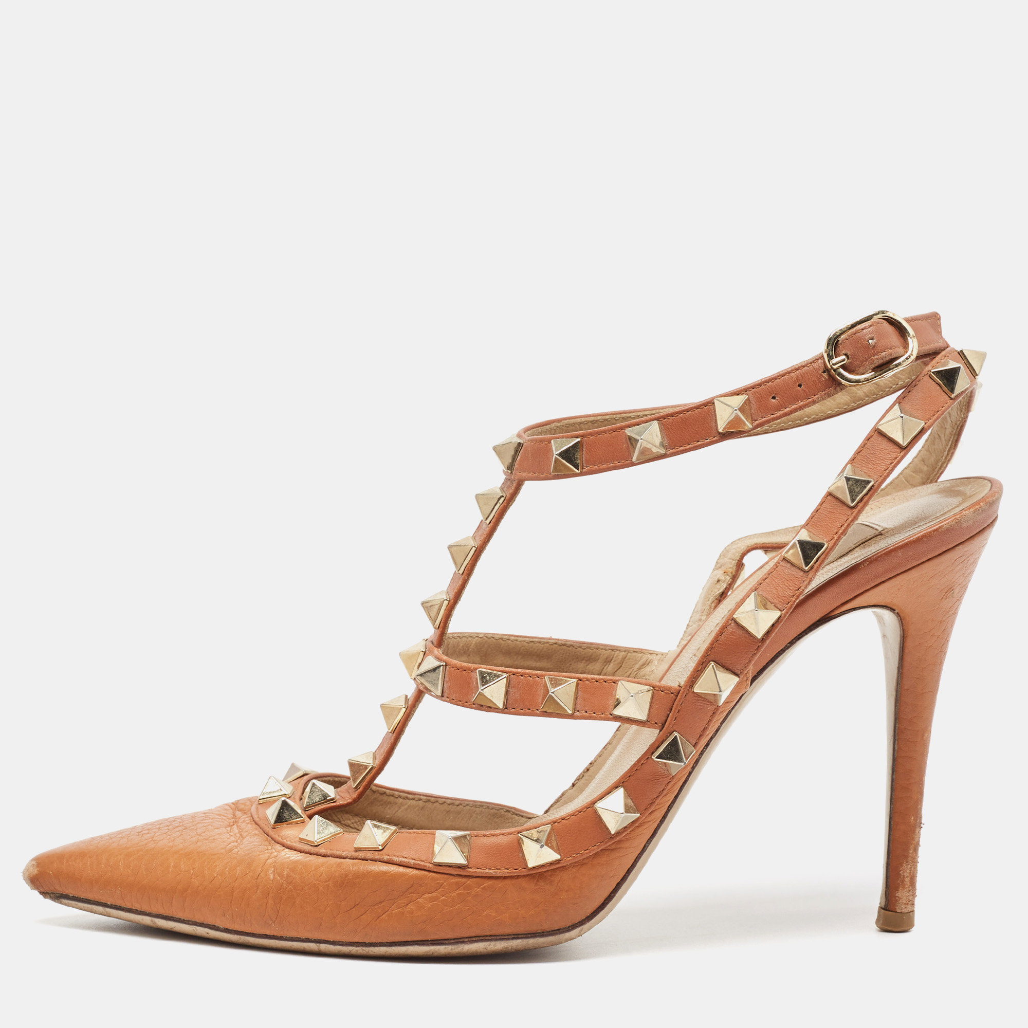 

Valentino Brown Leather Rockstud Ankle Strap Pumps Size, Tan