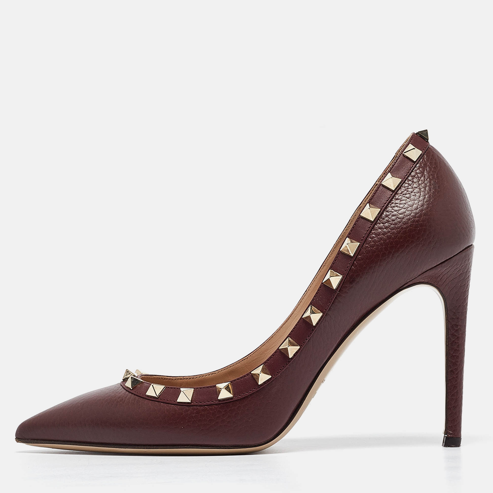 Pre-owned Valentino Garavani Dark Burgundy Leather Rockstud Pointed Toe Pumps Size 39