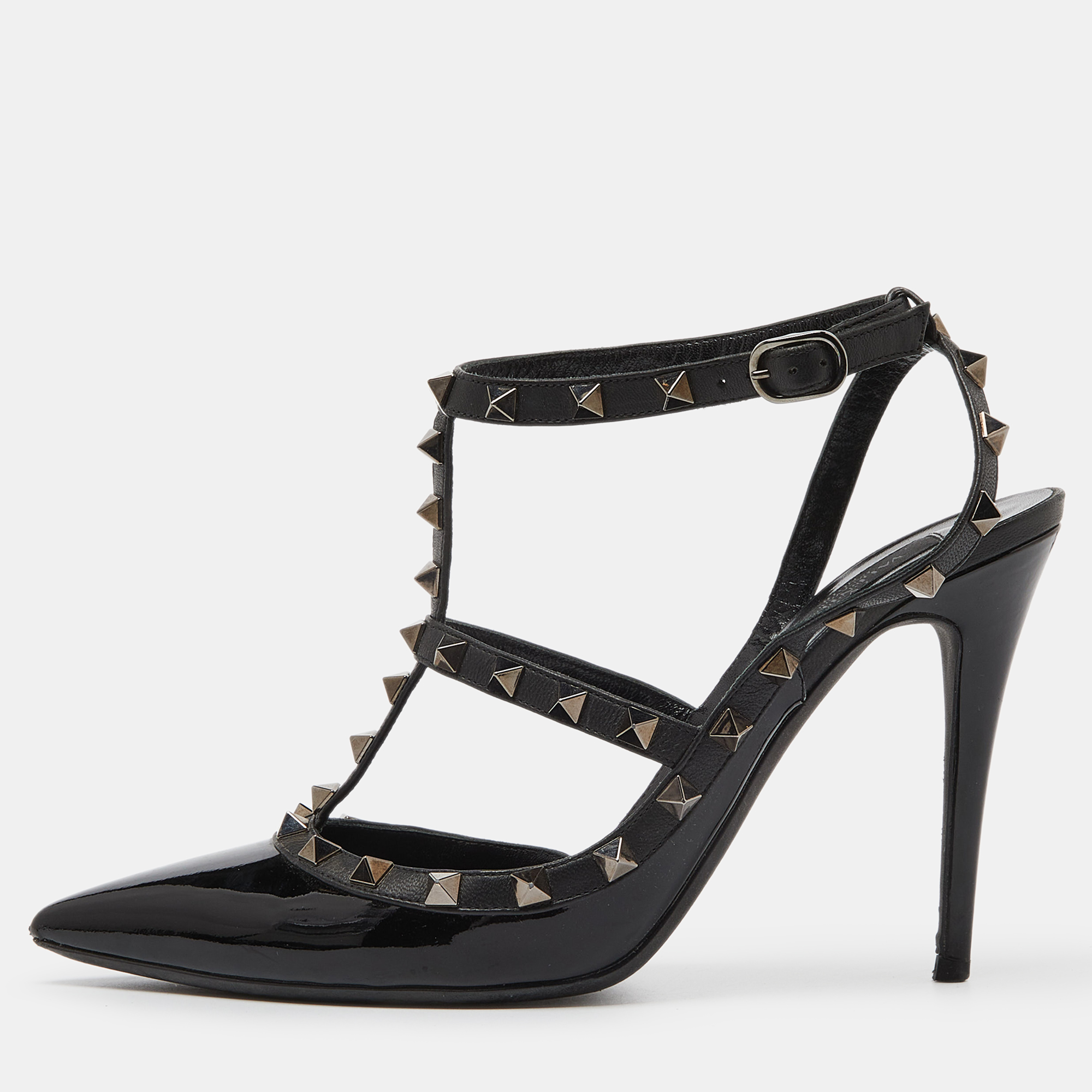 

Valentino Black Patent Leather Rockstud Ankle Strap Cage Sandals Size