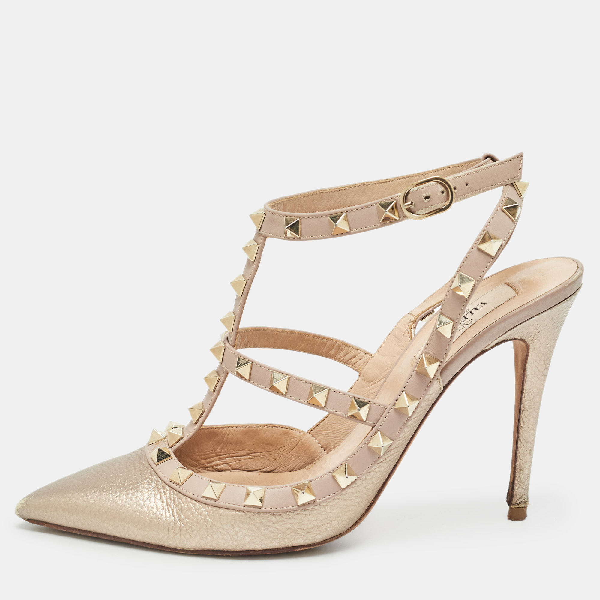 

Valentino Beige/Gold Leather Rockstud Pumps Size, Metallic