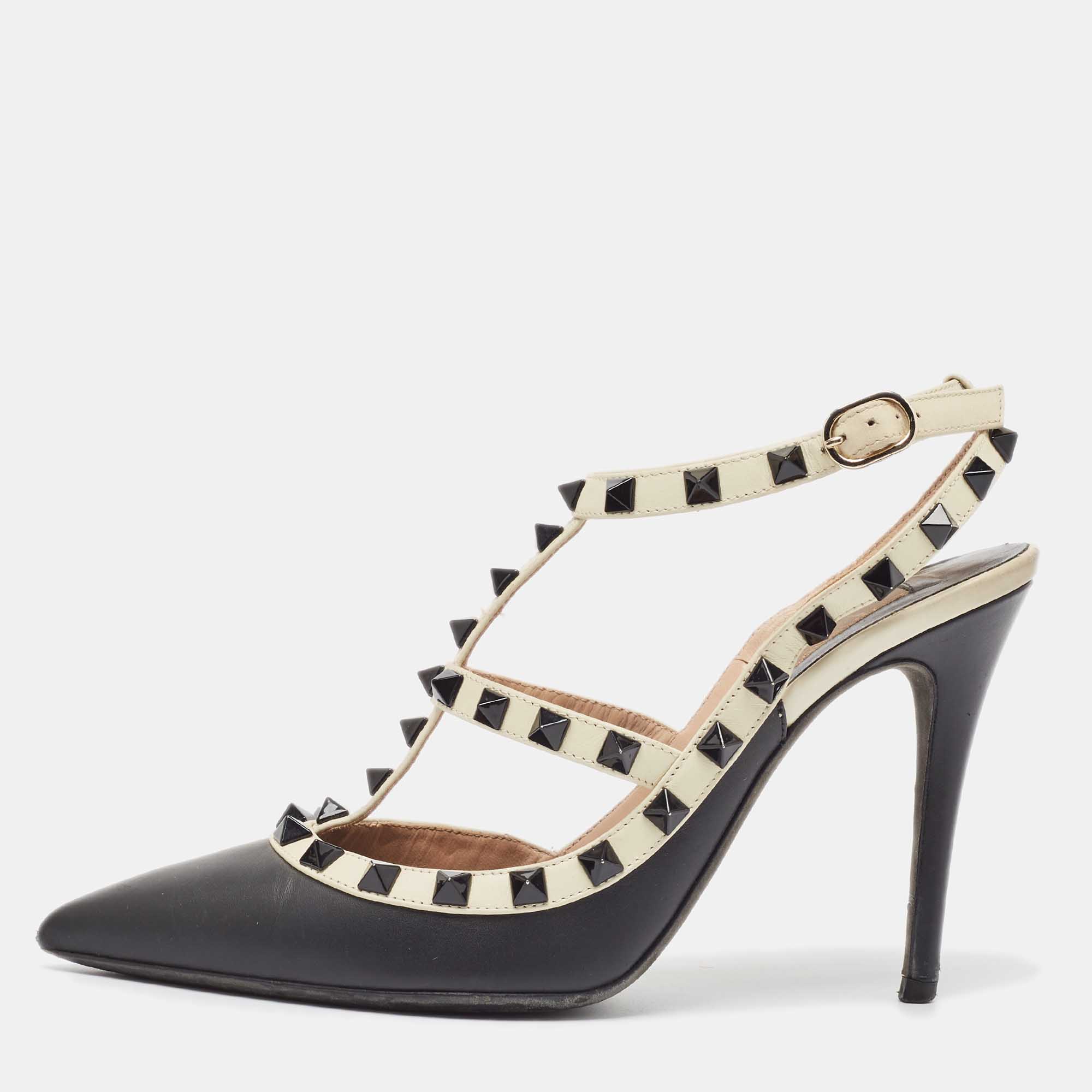 

Valentino Black/Off White Leather Rockstud Ankle Strap Pumps Size
