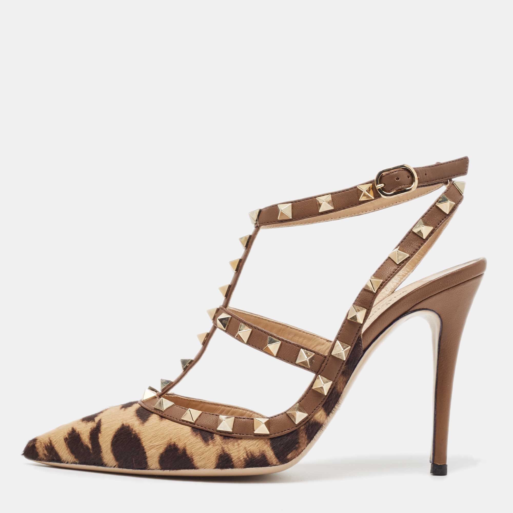 

Valentino Brown/Beige Calf Hair and Leather Rockstud Ankle Strap Pumps Size