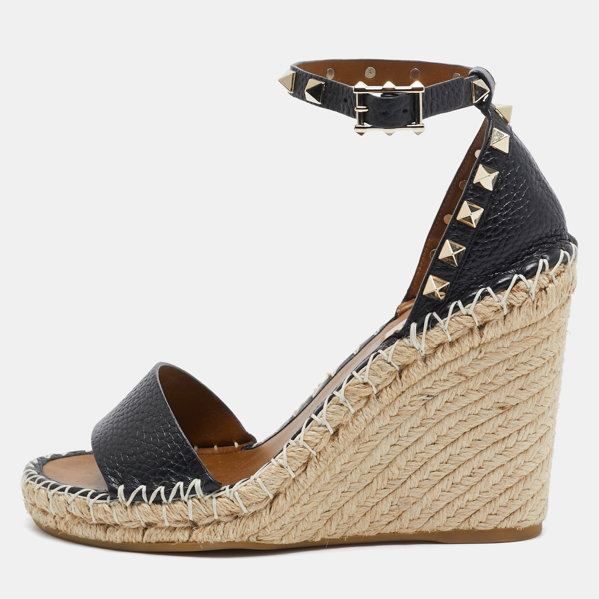 

Valentino Black Leather Rockstud Espadrille Wedge Sandals Size