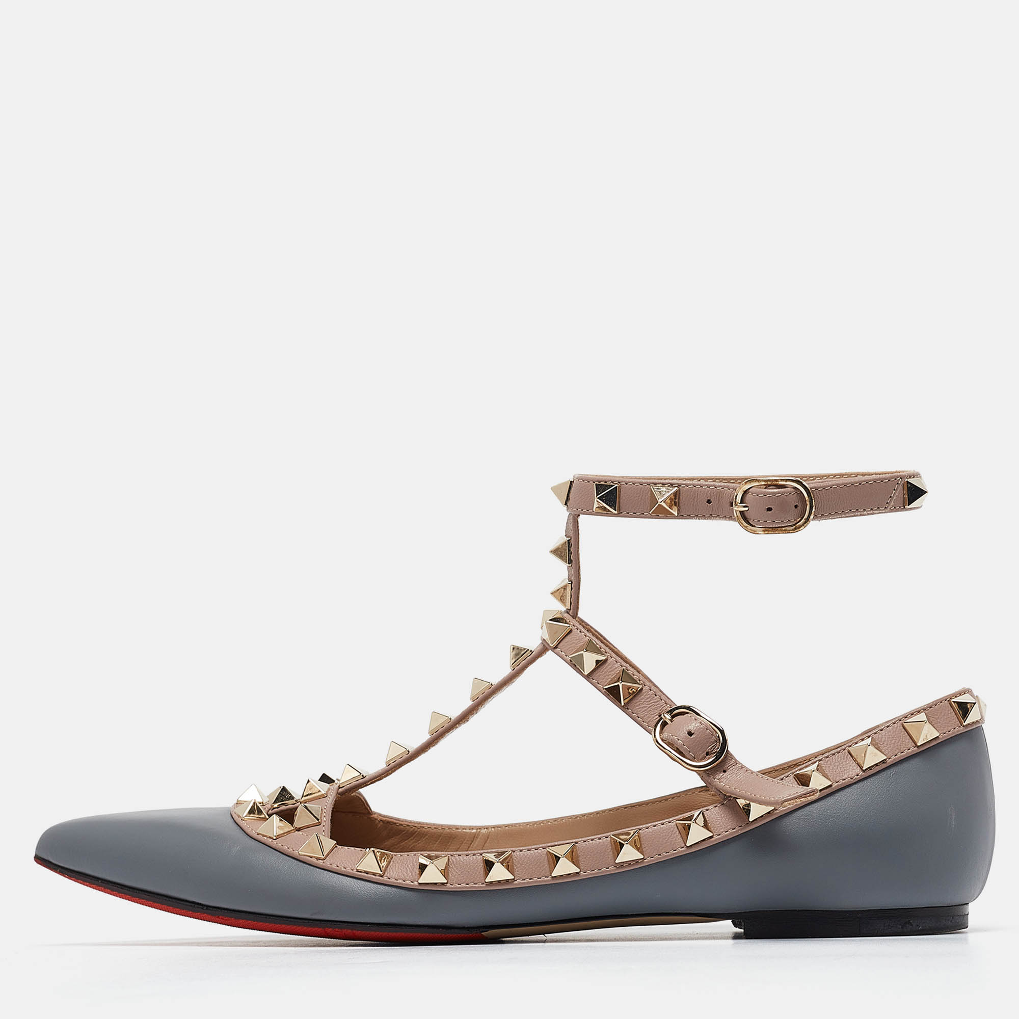 

Valentino Grey/Dusty Pink Leather Rockstud Ankle Strap Flats Size