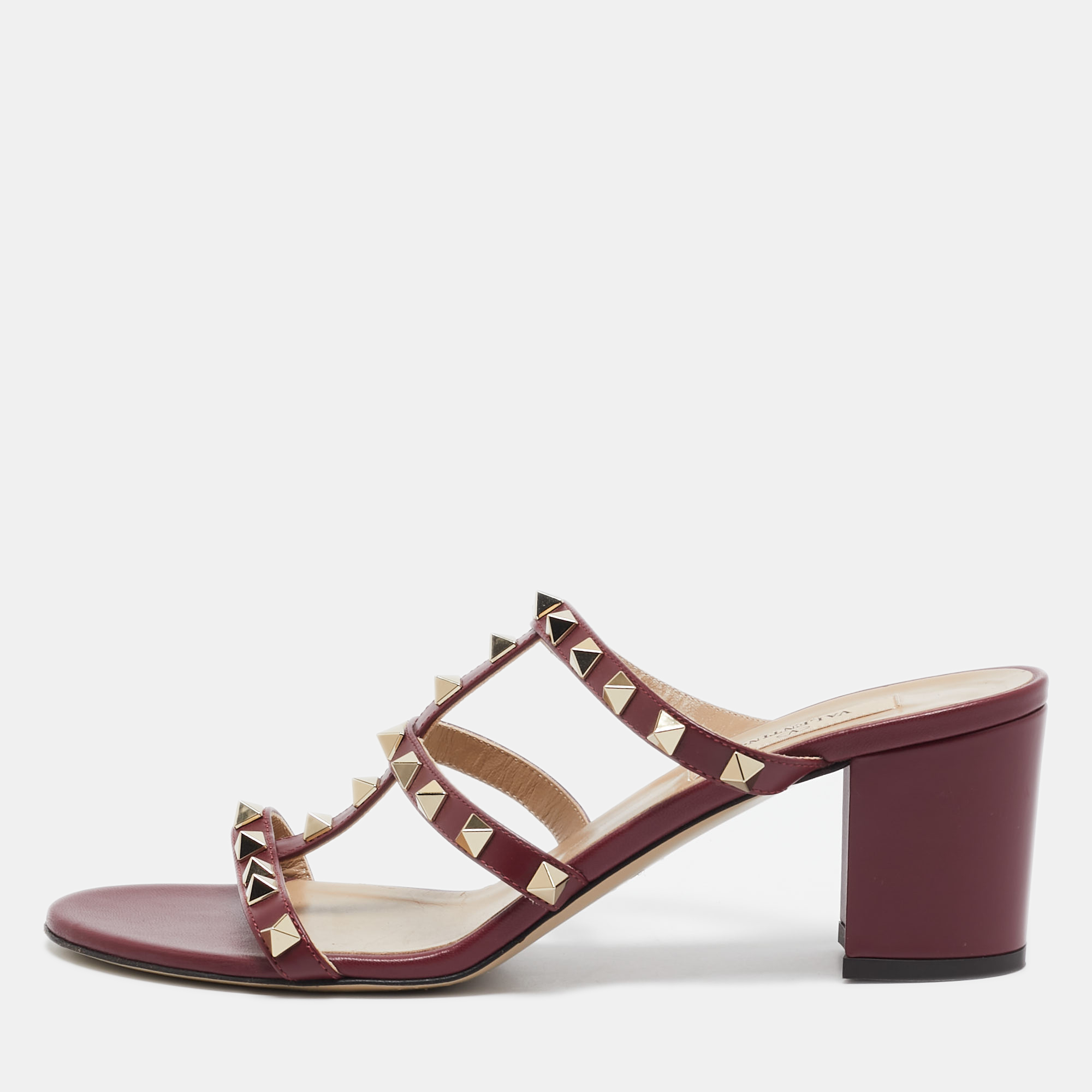 

Valentino Burgundy Leather Rockstud Slide Sandals Size