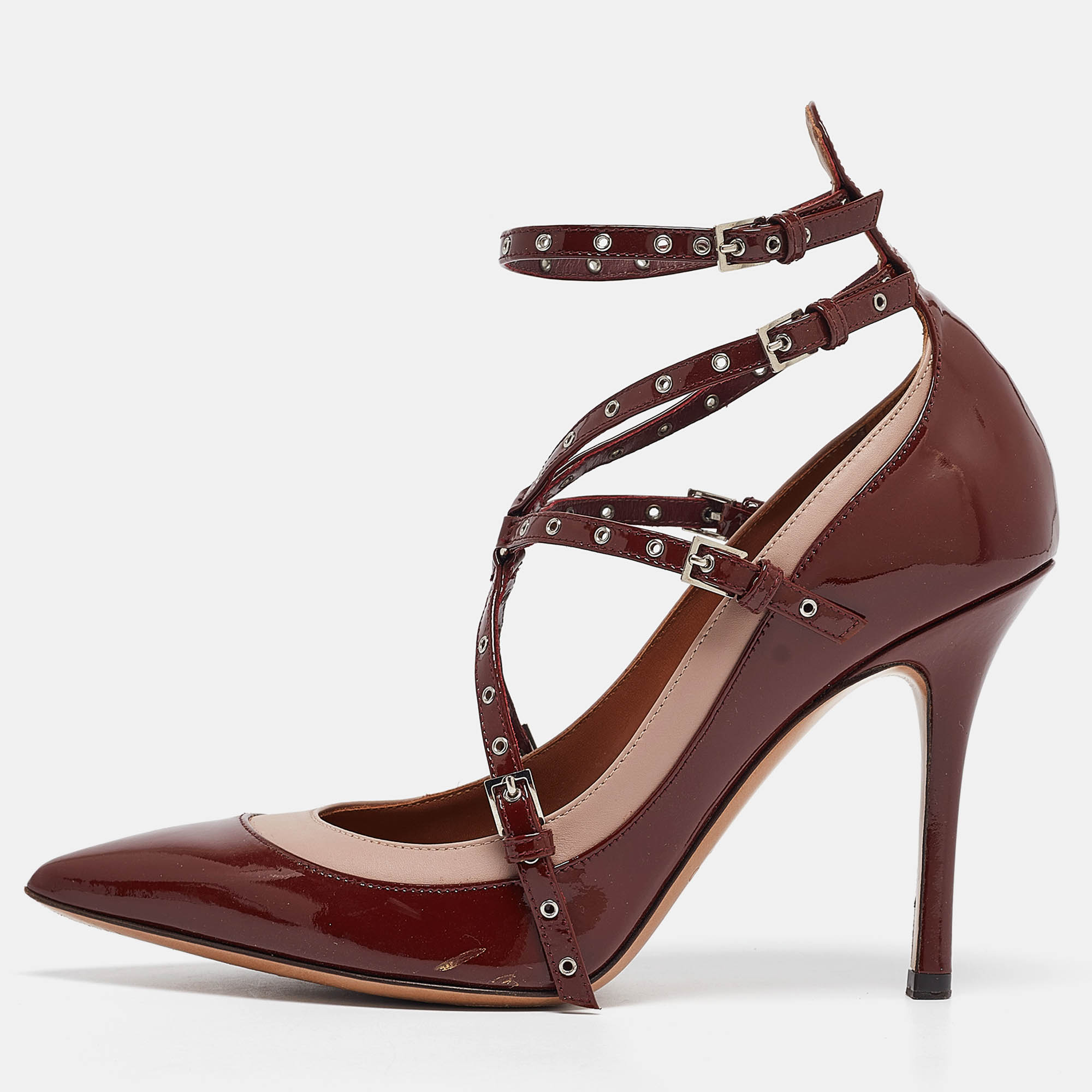 

Valentino Burgundy/Beige Leather and Patent Love Latch Pumps Size