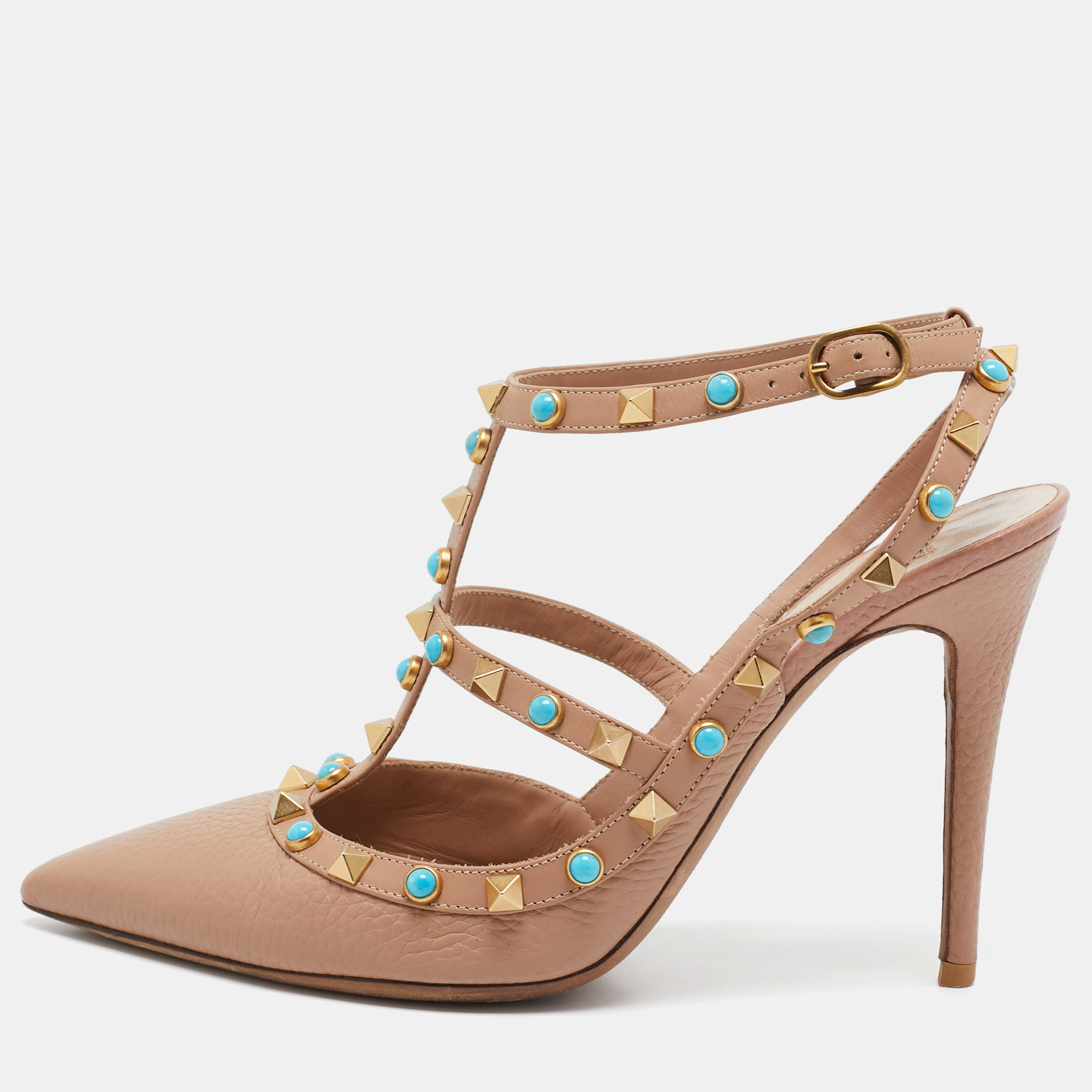 

Valentino Beige Leather Rolling Rockstud Ankle Strap Pumps Size