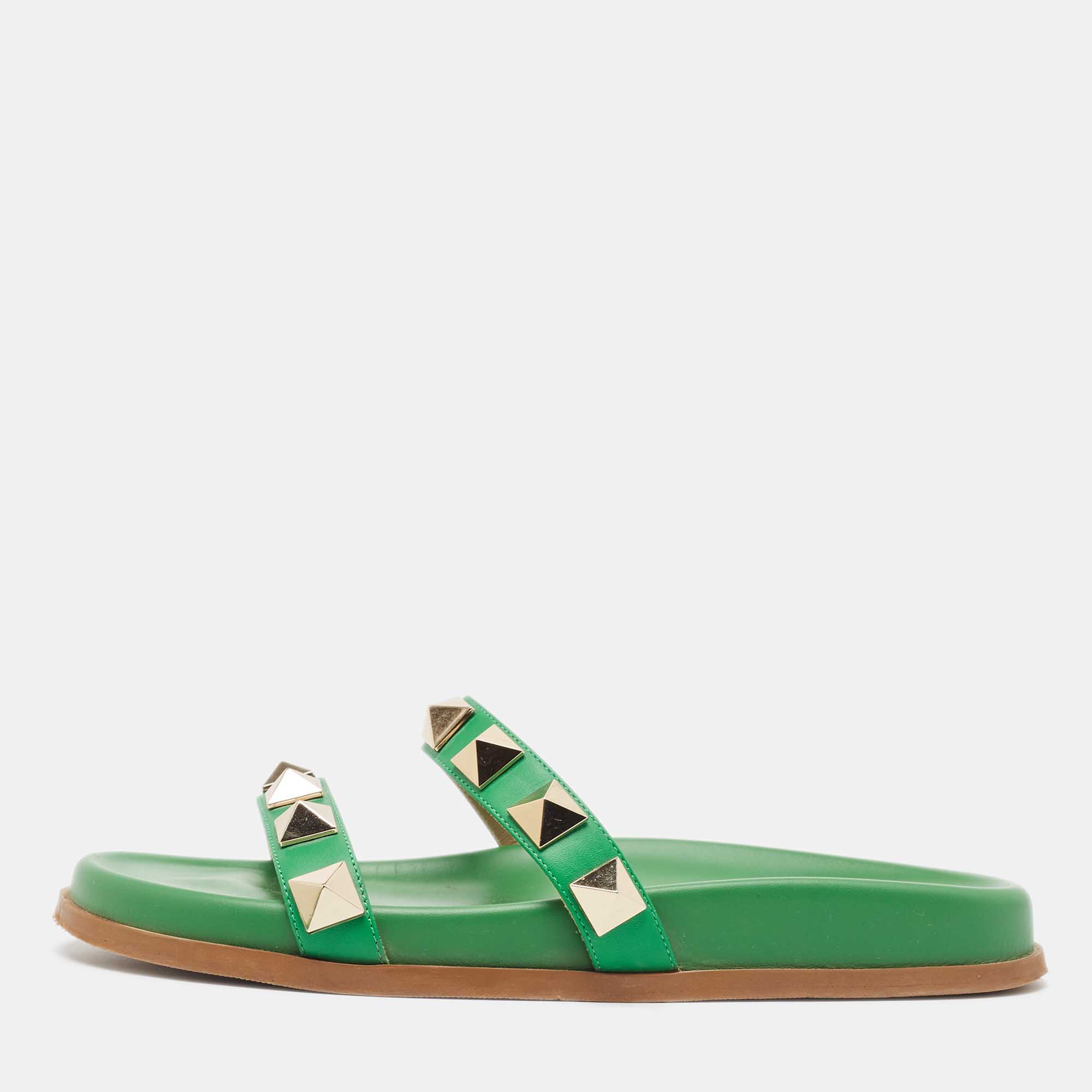 

Valentino Green Leather Rockstud Flat Slides Size