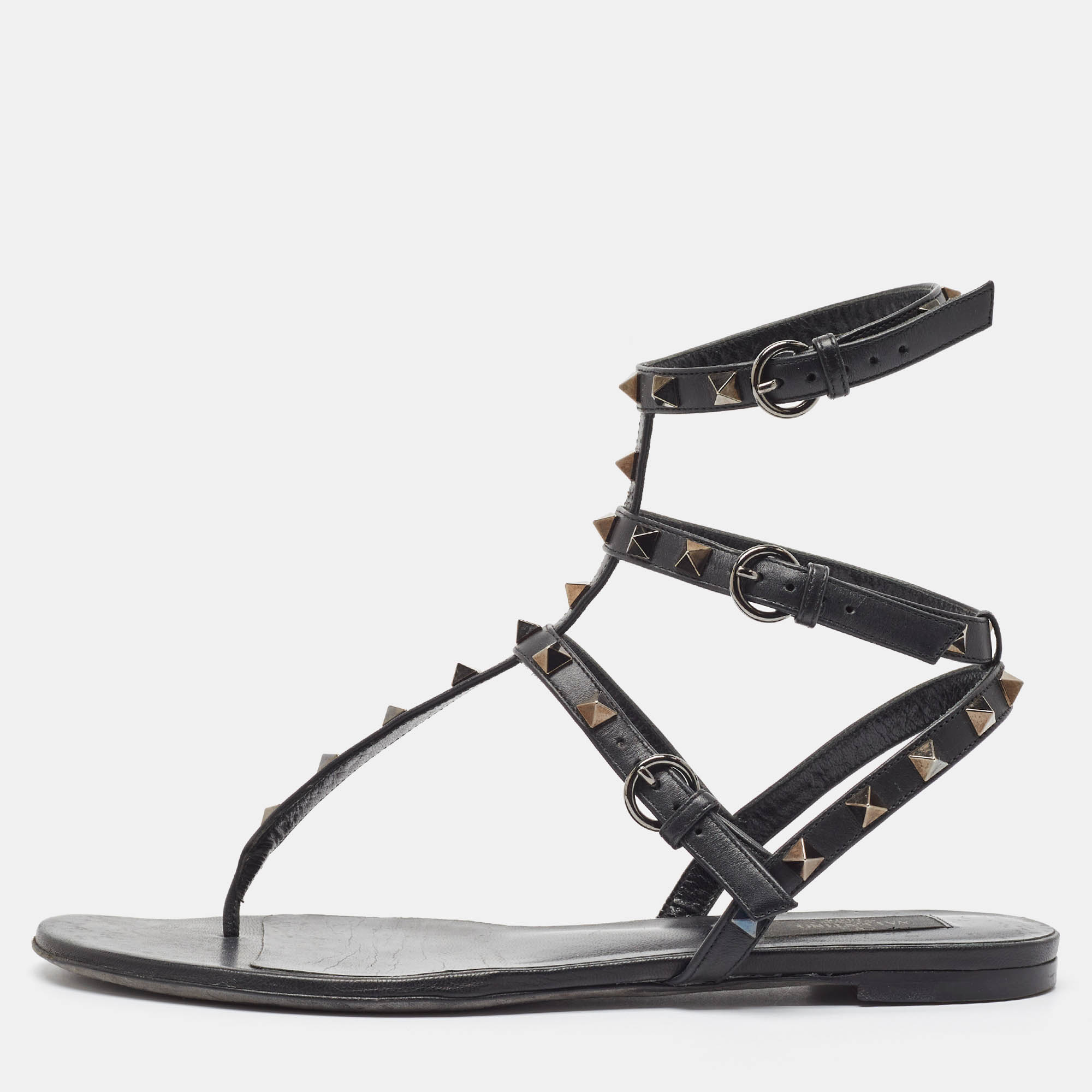 

Valentino Black Leather Rockstud Ankle Strap Flats Size