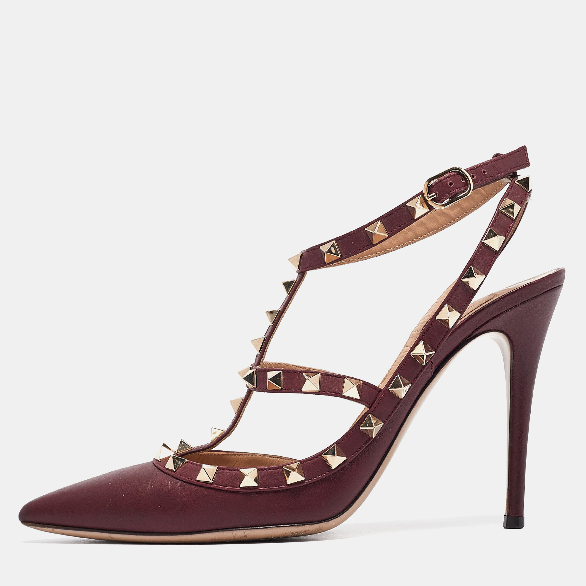 

Valentino Burgundy Leather Rockstud Ankle Strap Pumps Size