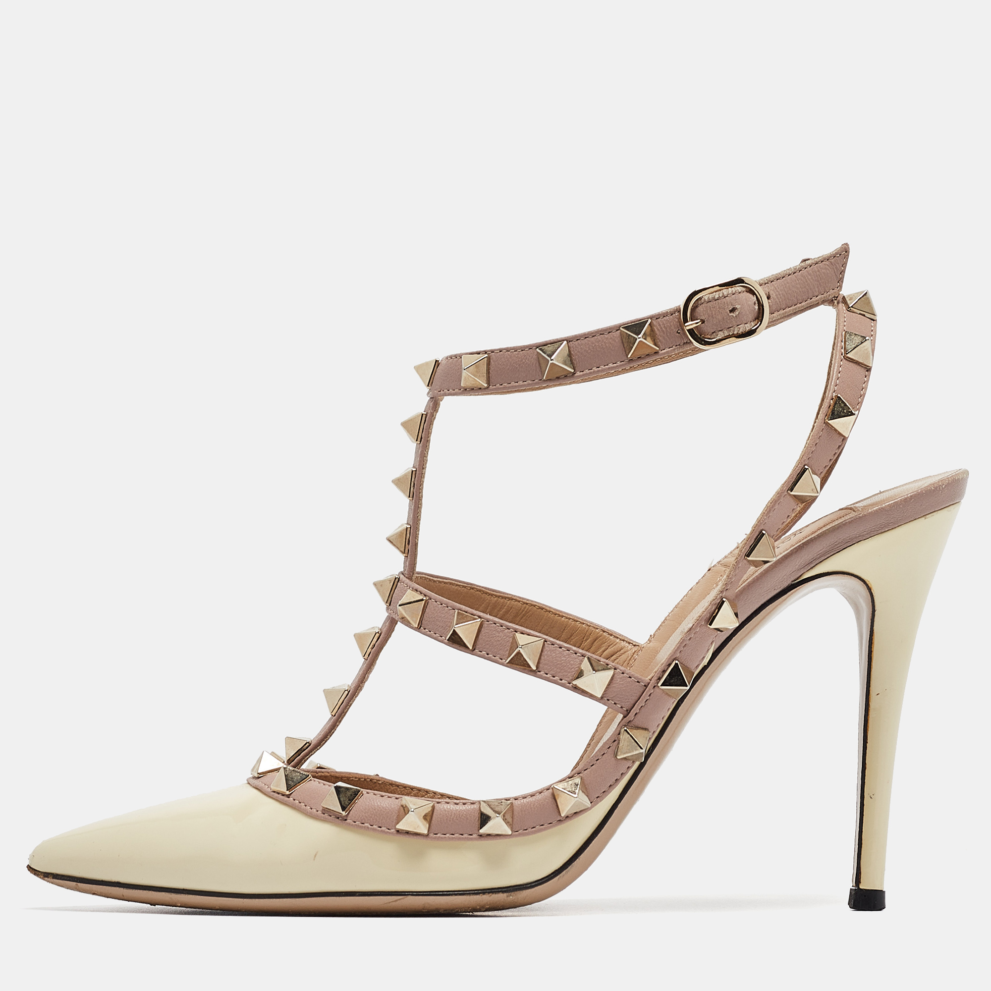 Pre-owned Valentino Garavani Cream/beige Leather And Patent Rockstud Pumps Size 38