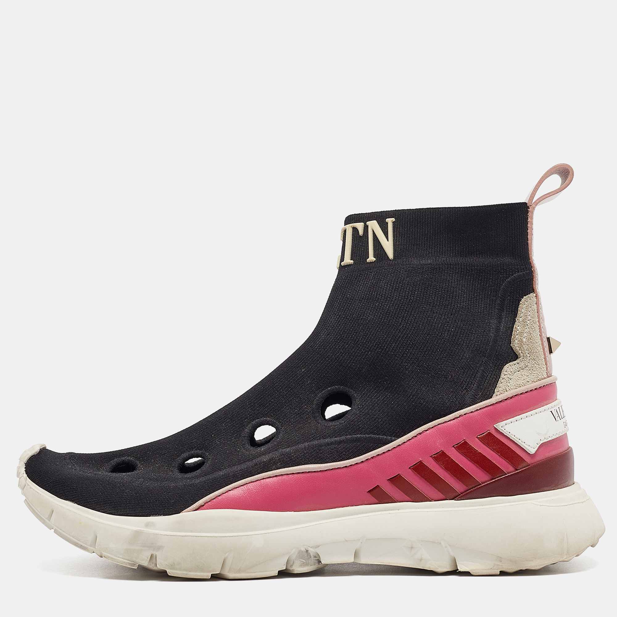 

Valentino Black/Pink Fabric and Leather VLTN High Top Sneakers Size