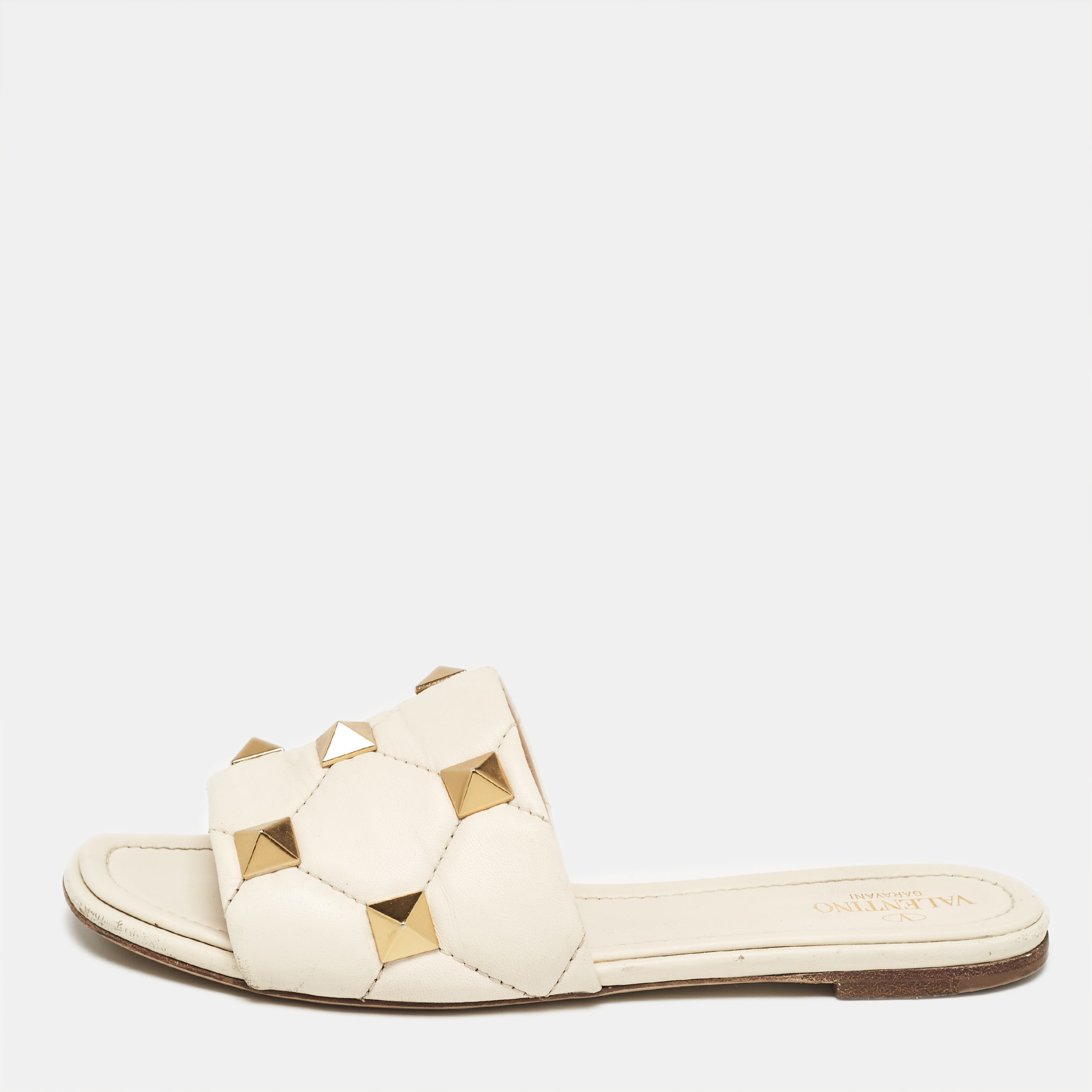 

Valentino Cream Leather Roman Stud Flat Sandals Size