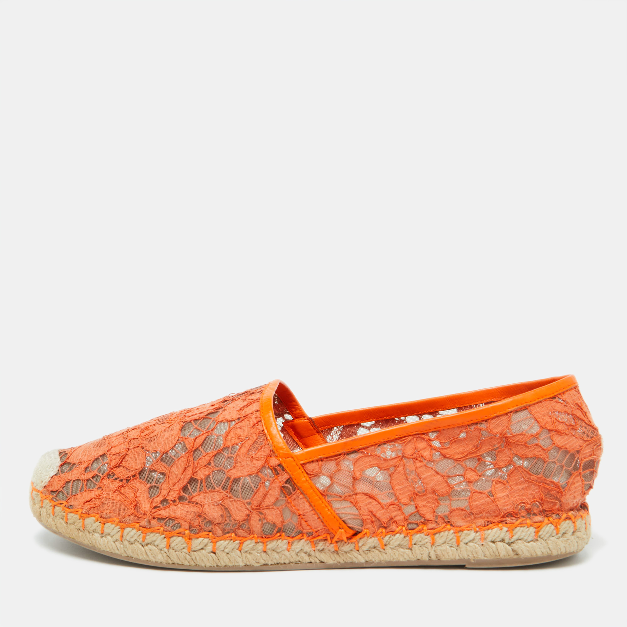 Pre-owned Valentino Garavani Orange Lace And Leather Espadrille Flats Size 39