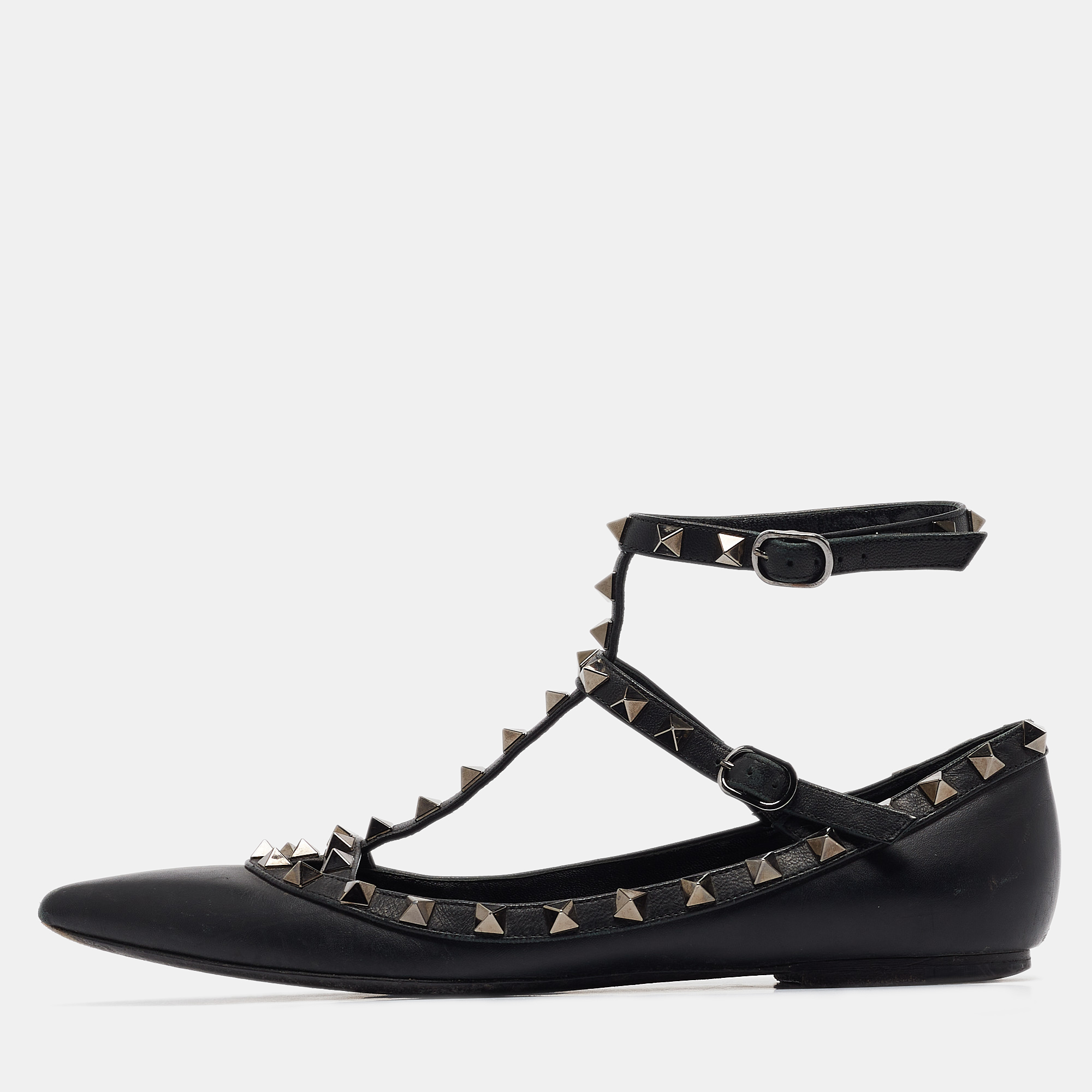 Pre-owned Valentino Garavani Black Leather Rockstud Ballet Flats Size 38