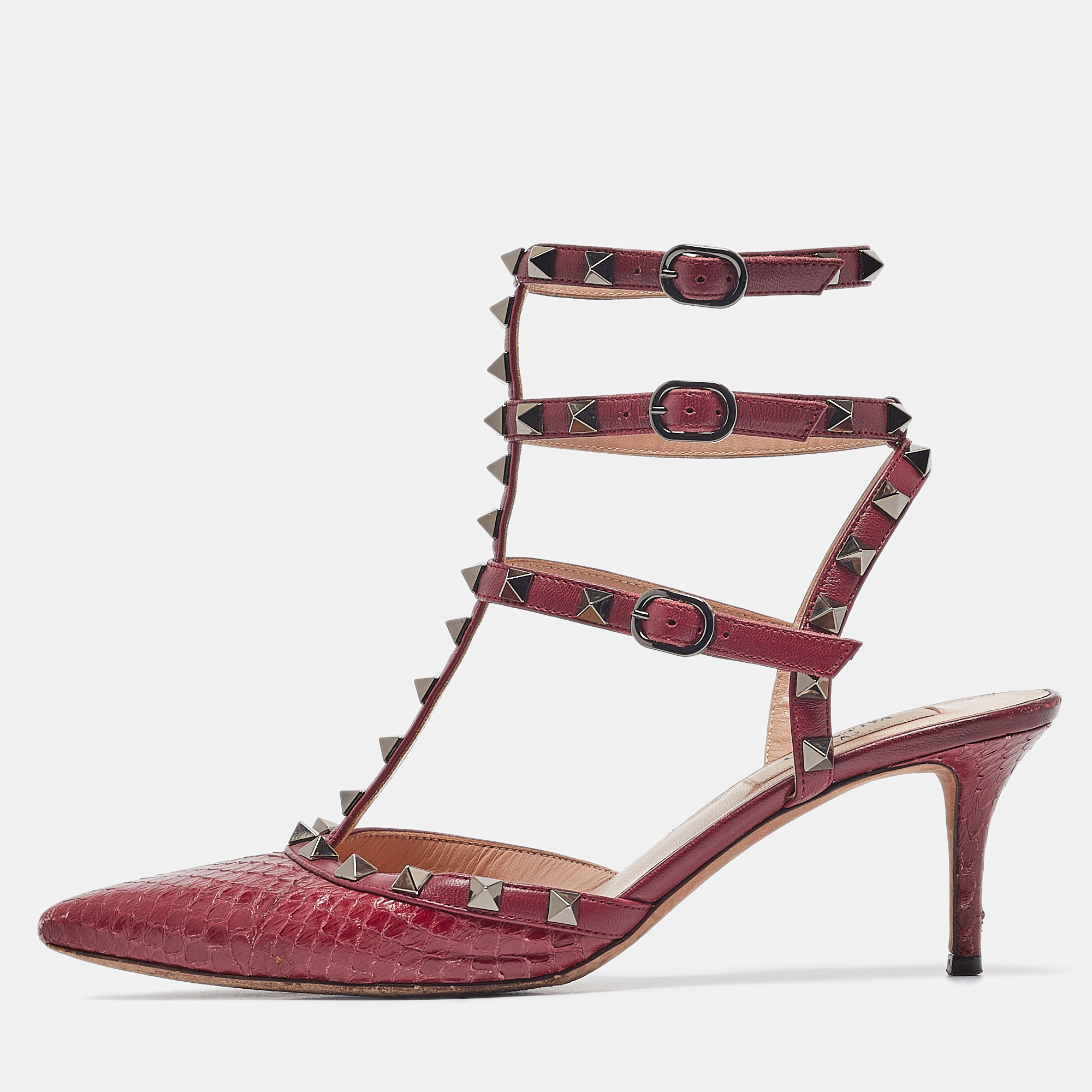 

Valentino Burgundy Leather Python Leather Rockstud Pumps Size