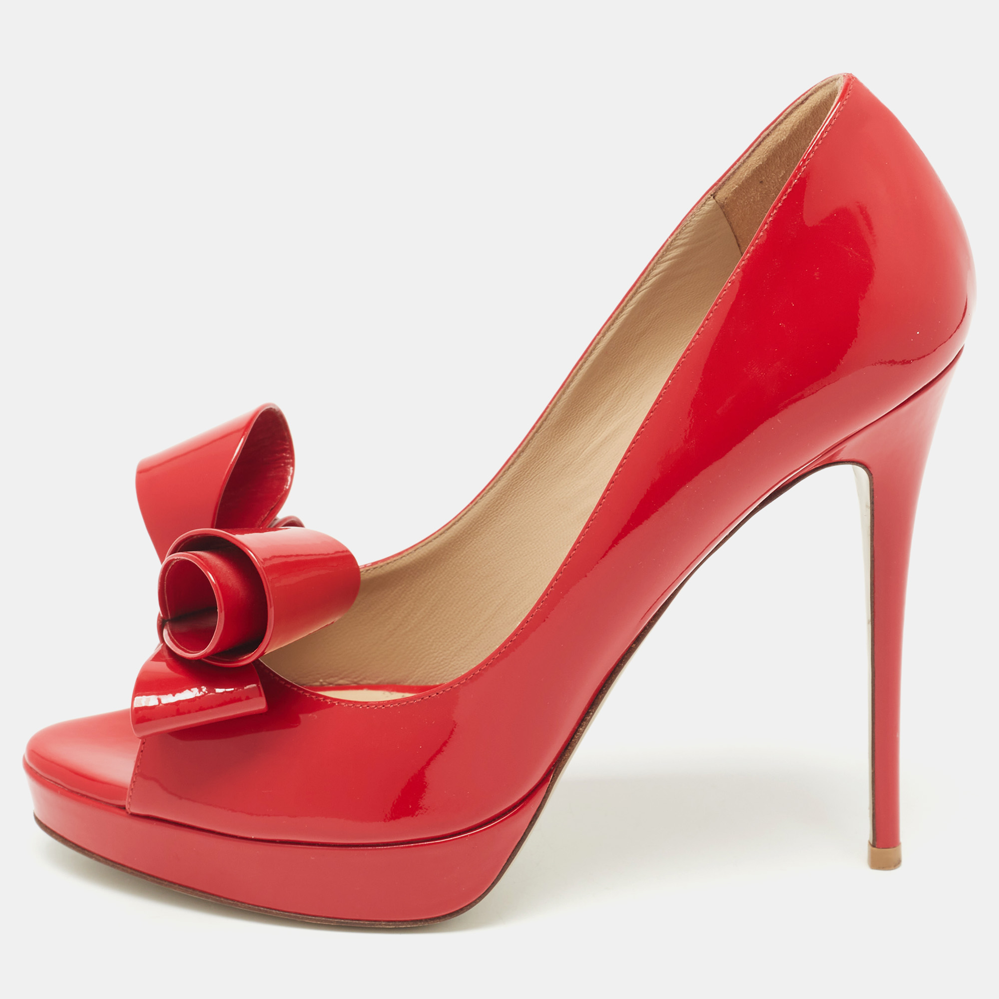 

Valentino Red Patent Leather Bow Peep Toe Platform Pumps Size