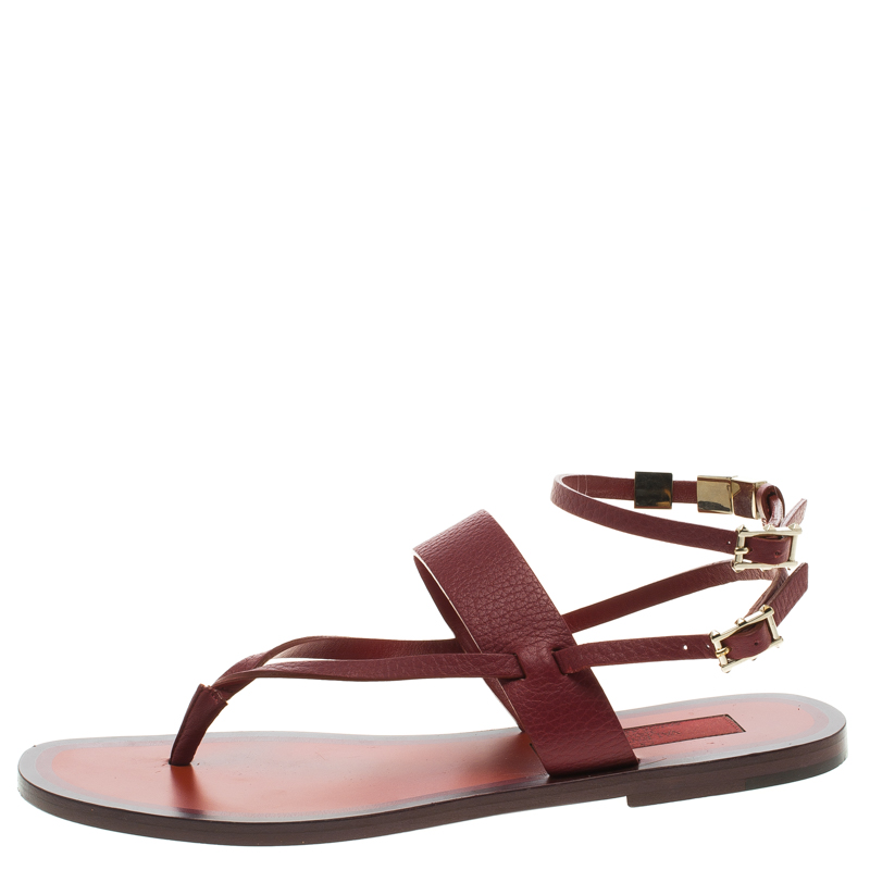 

Valentino Burgundy Leather Rockstud Thong Ankle Strap Sandals Size