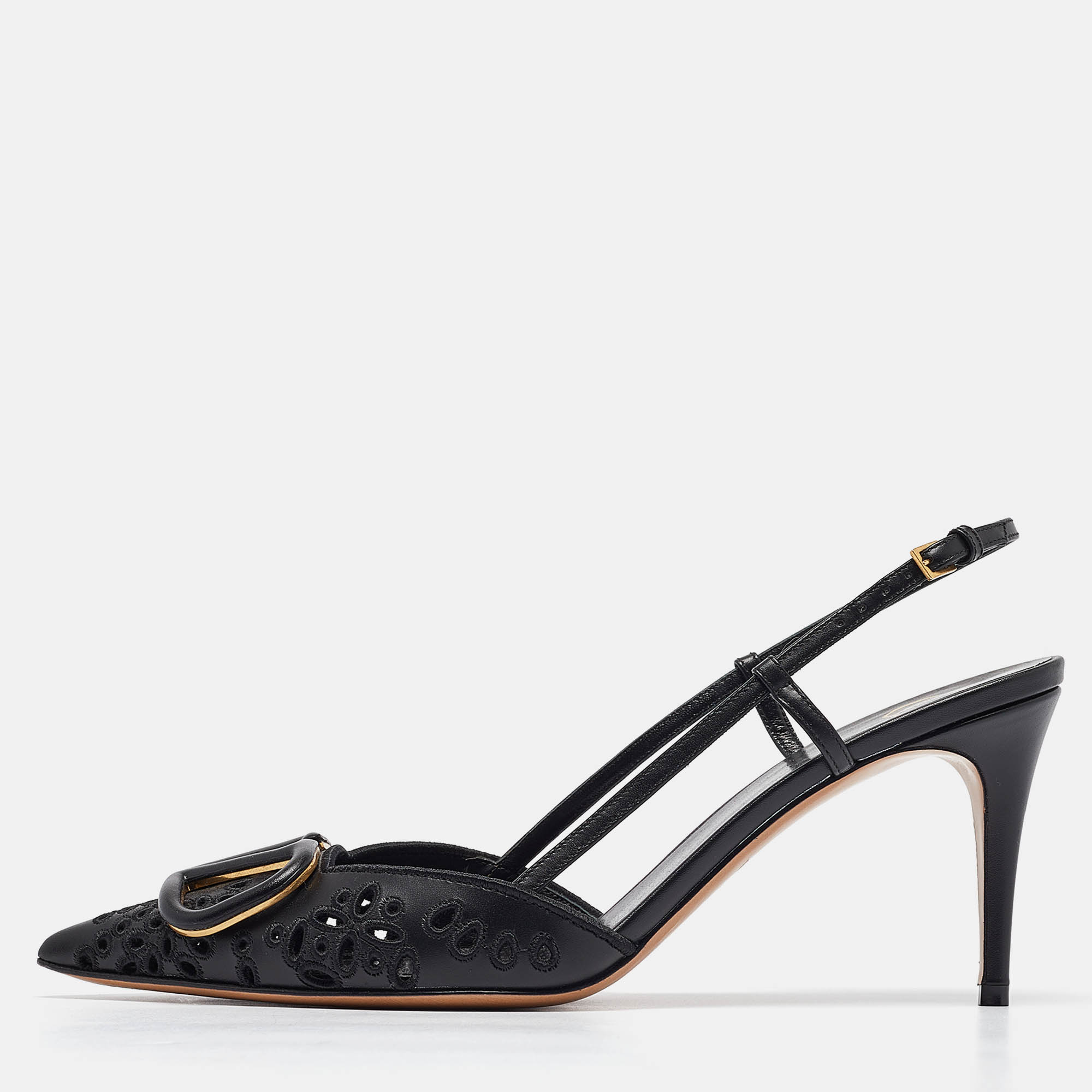 

Valentino Black Laser Cut Leather Vlogo Slingback Pumps Size