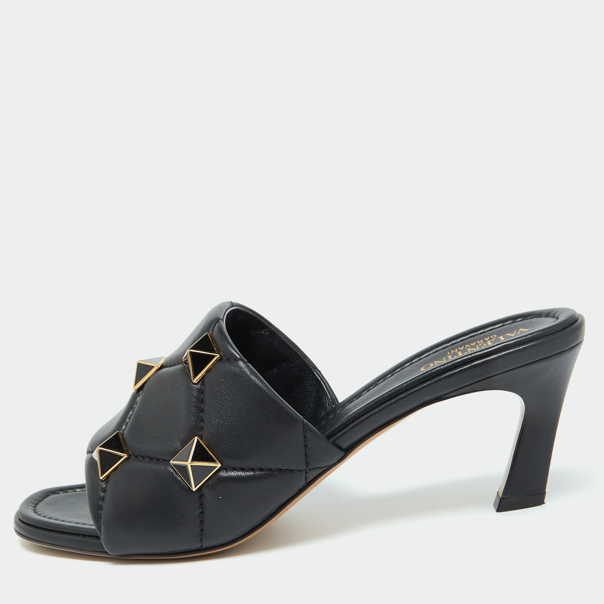 

Valentino Black Leather Roman Stud Slide Sandals