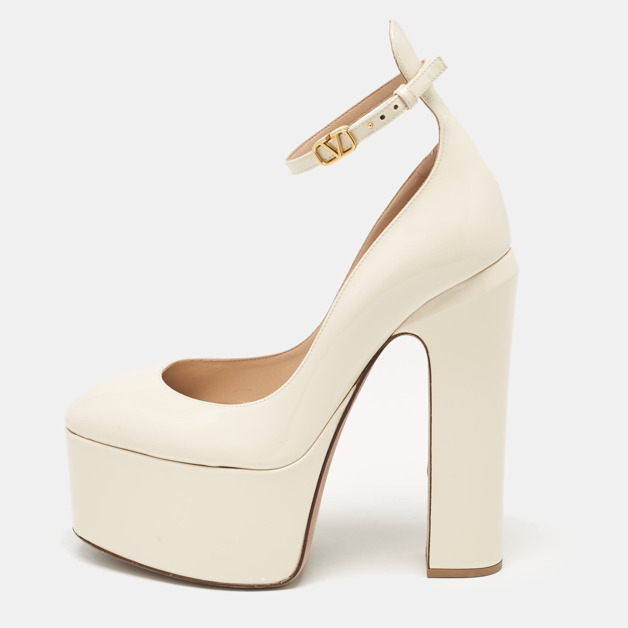 

Valentino White Patent Leather Tango Platform Ankle Strap Block Heel Pumps Size