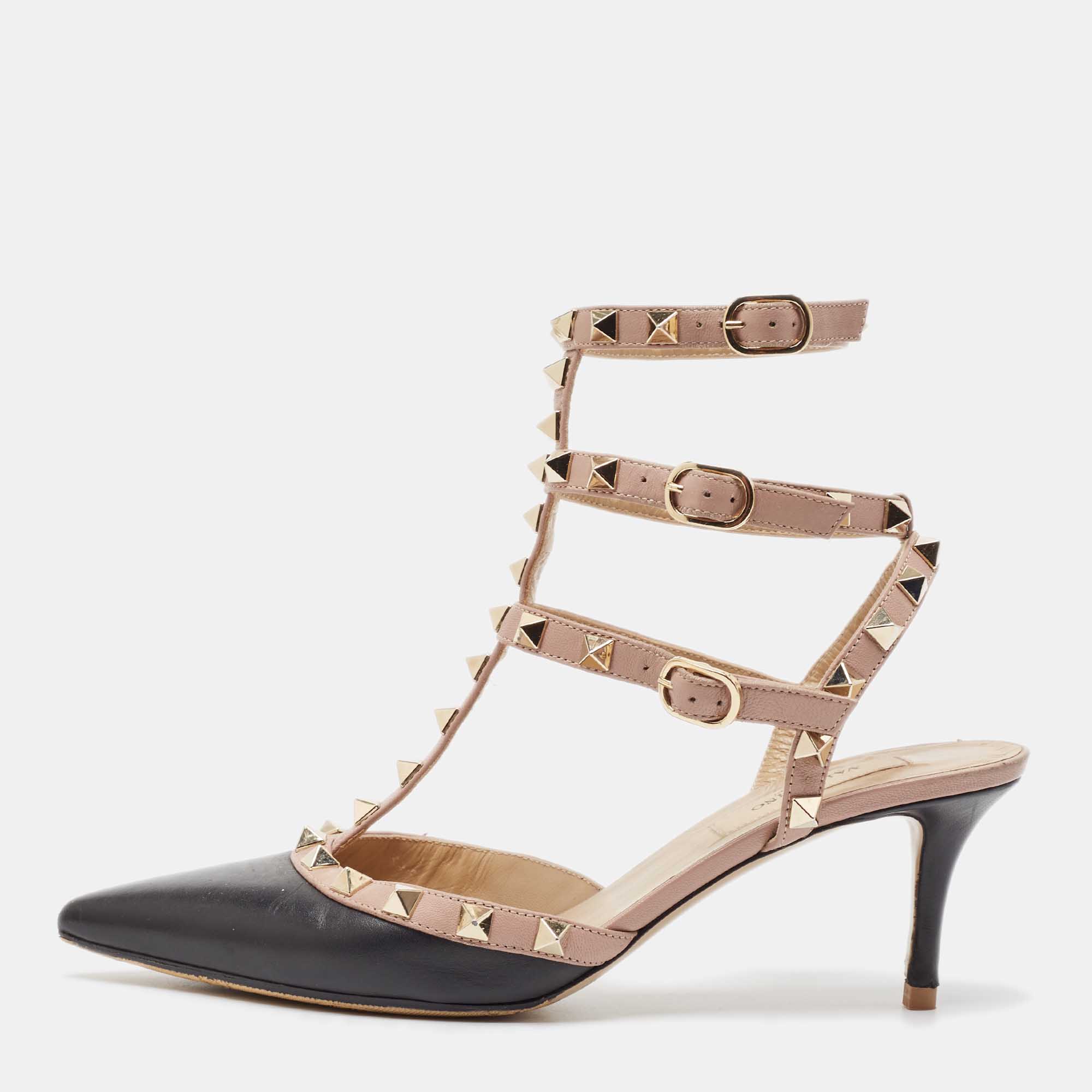 

Valentino Black/Dusty Pink Leather Rockstud Ankle Strap Pumps Size