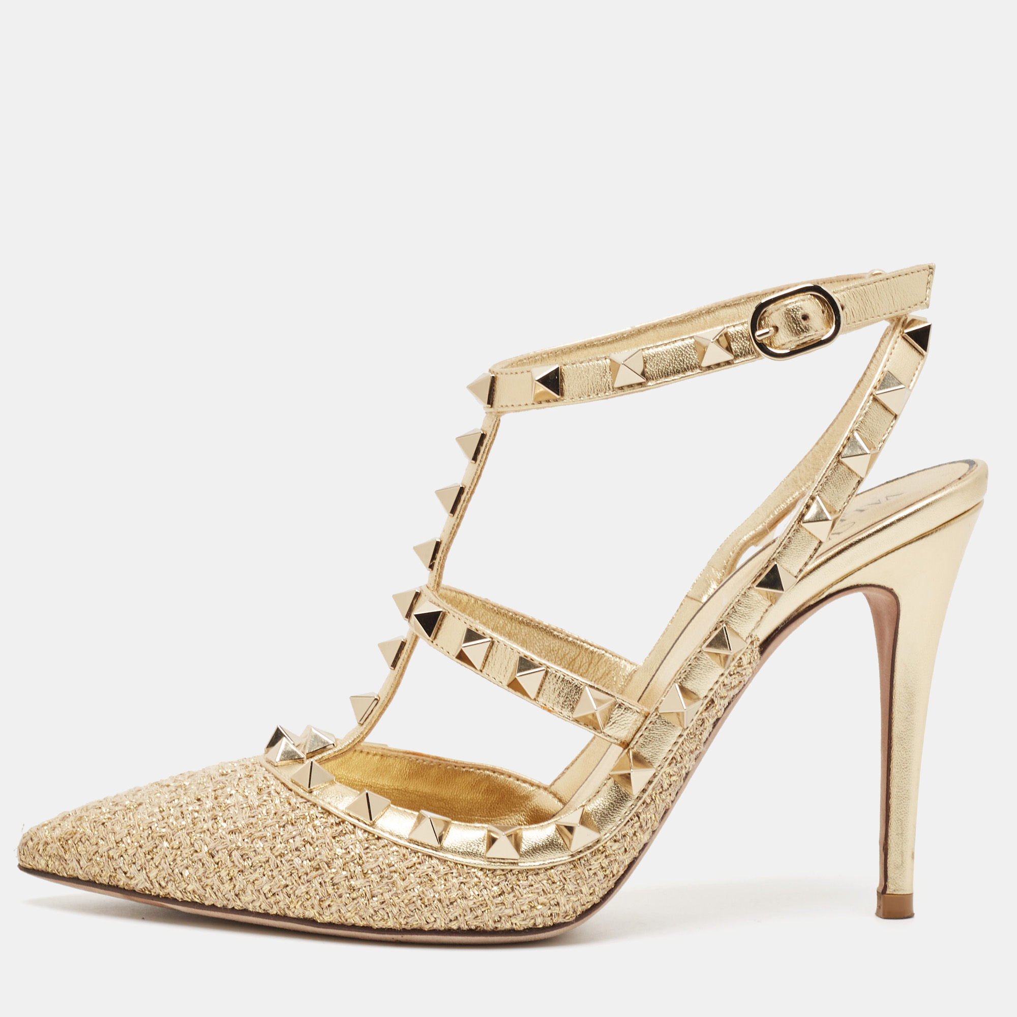 

Valentino Gold Leather Rockstud Ankle Strap Pumps Size