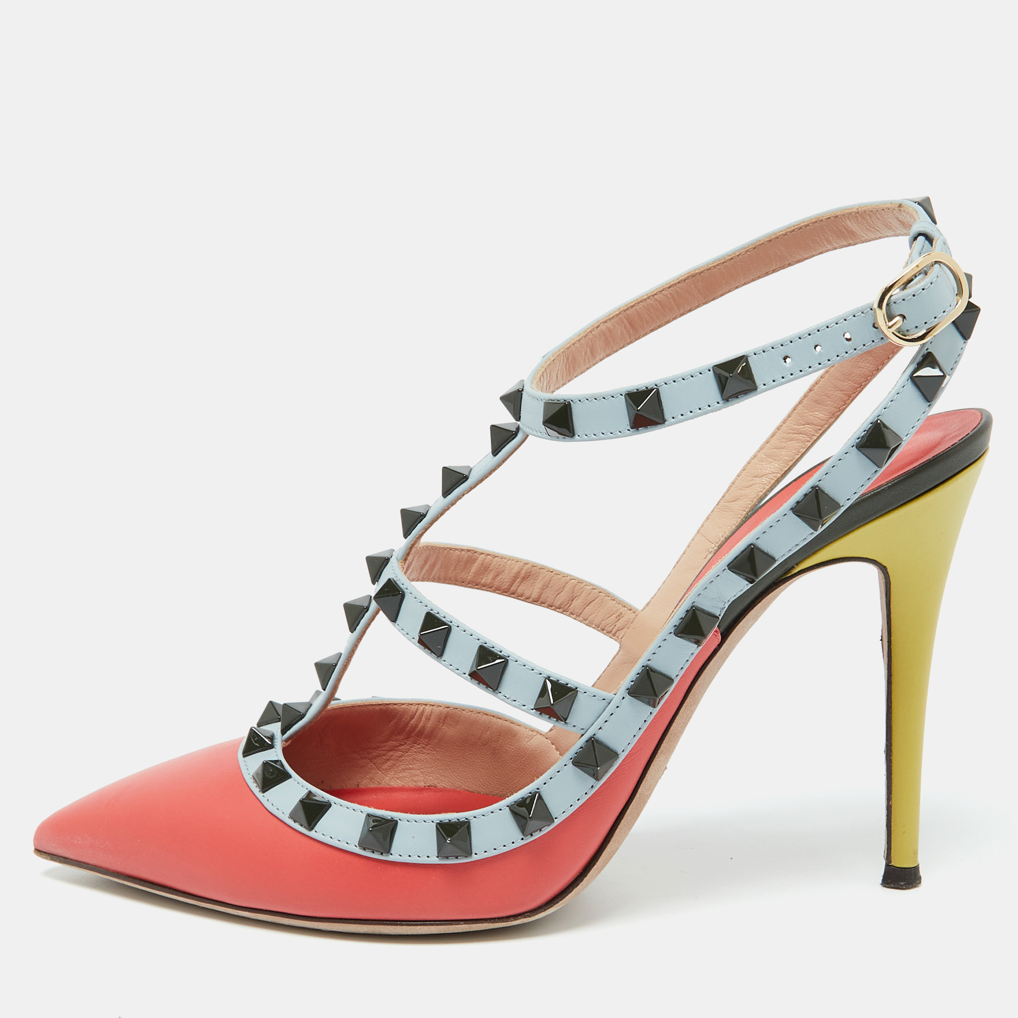 

Valentino Multicolor Leather Rockstud Ankle Strap Pumps Size