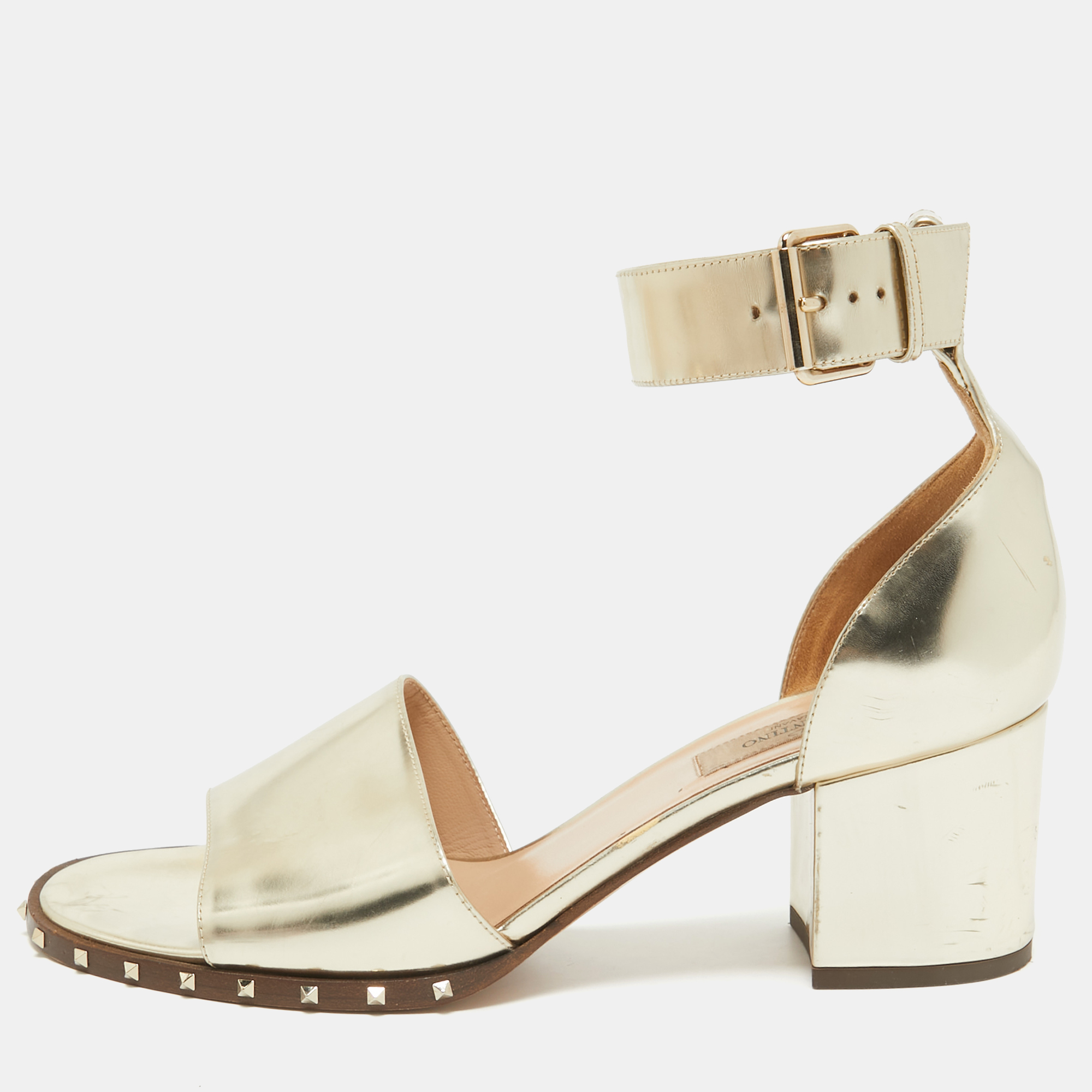 

Valentino Gold Leather Soul Rockstud Ankle Strap Sandals Size