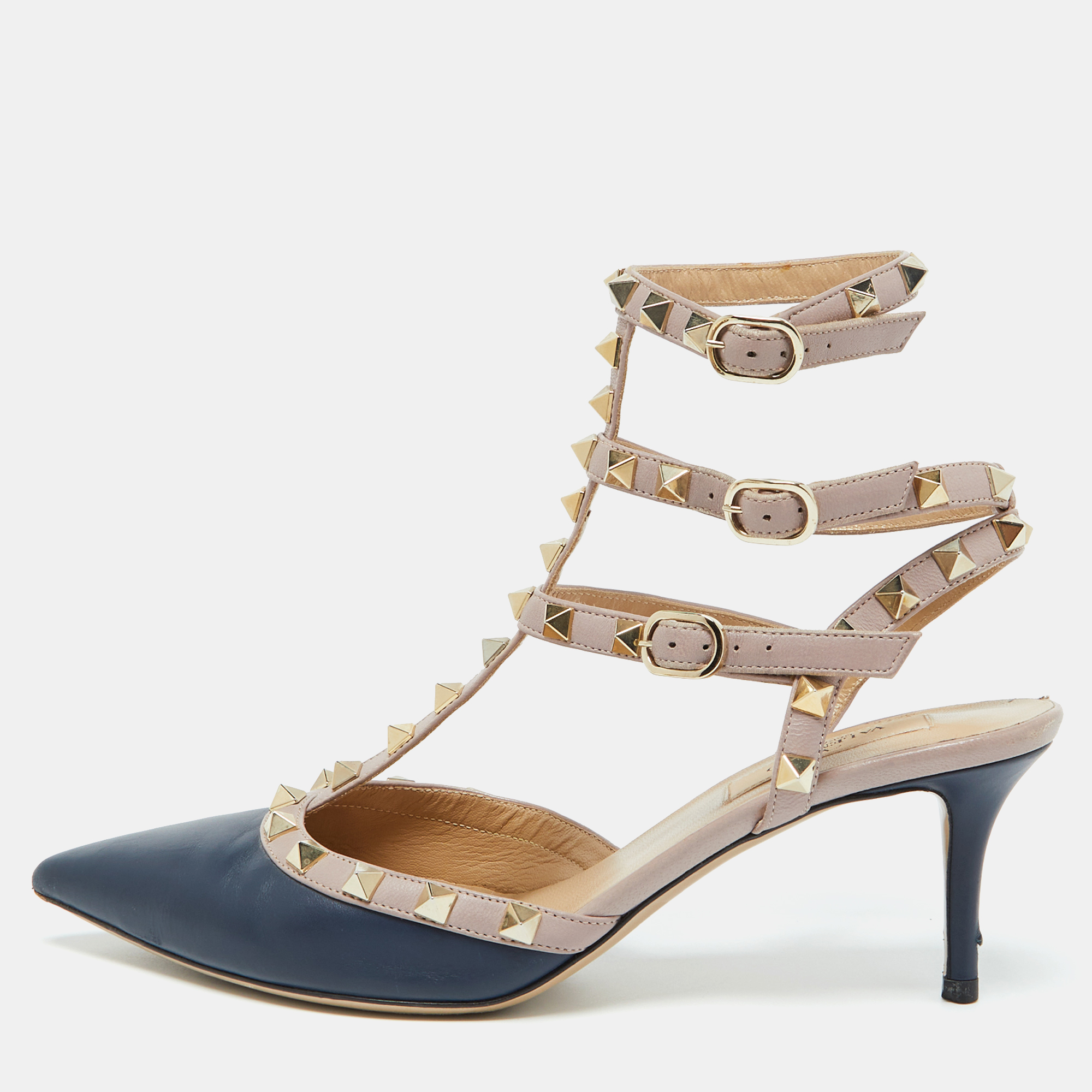 

Valentino Blue/Pink Leather Rockstud Ankle Strap Sandals Size