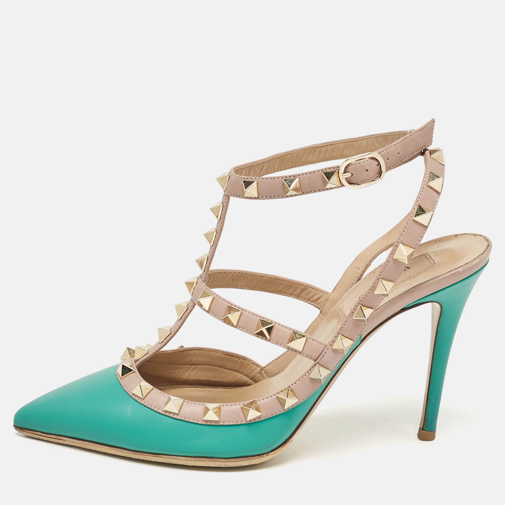 

Valentino Beige/Blue Leather Rockstud Pumps Size