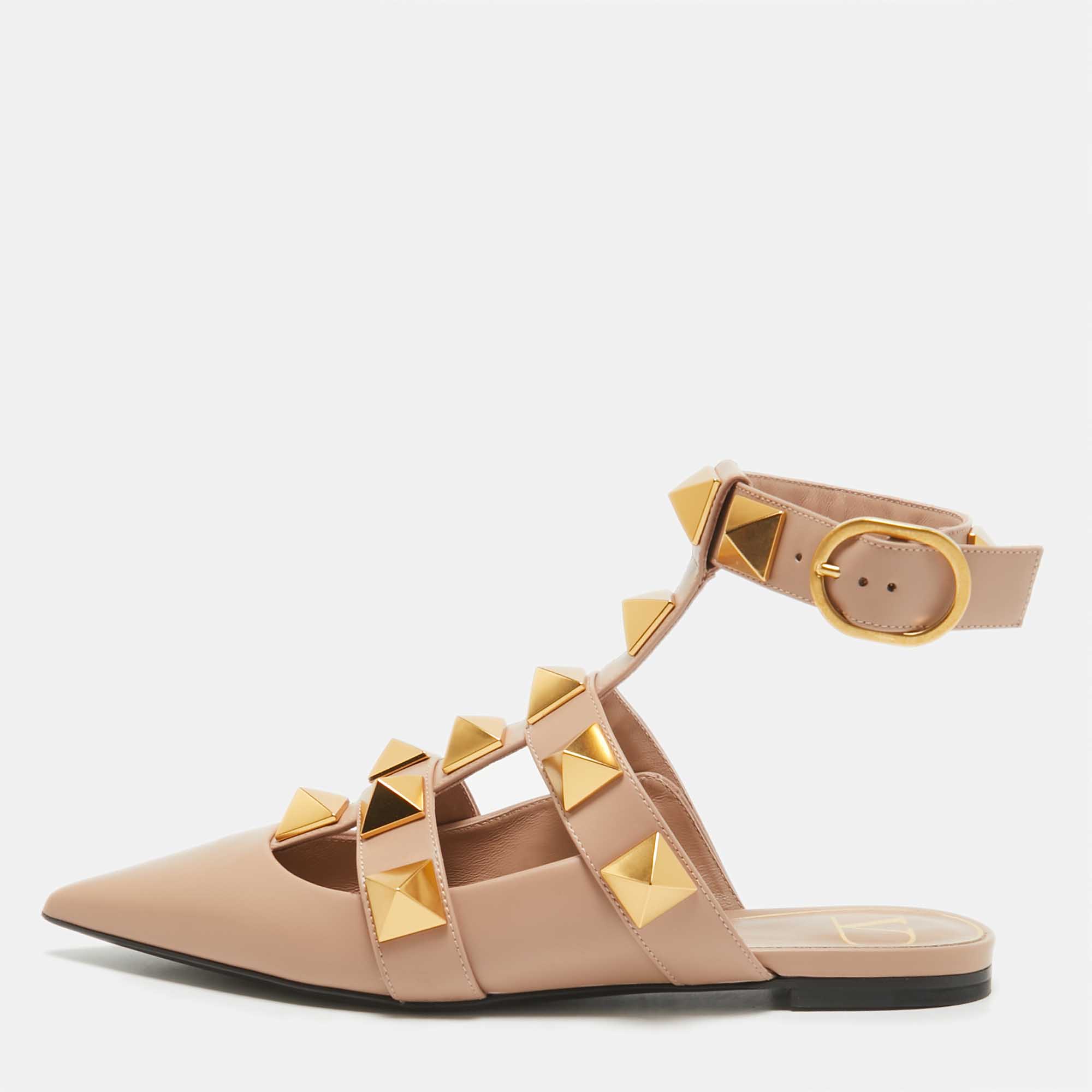 

Valentino Beige Leather Roman Stud Flat Slides Size