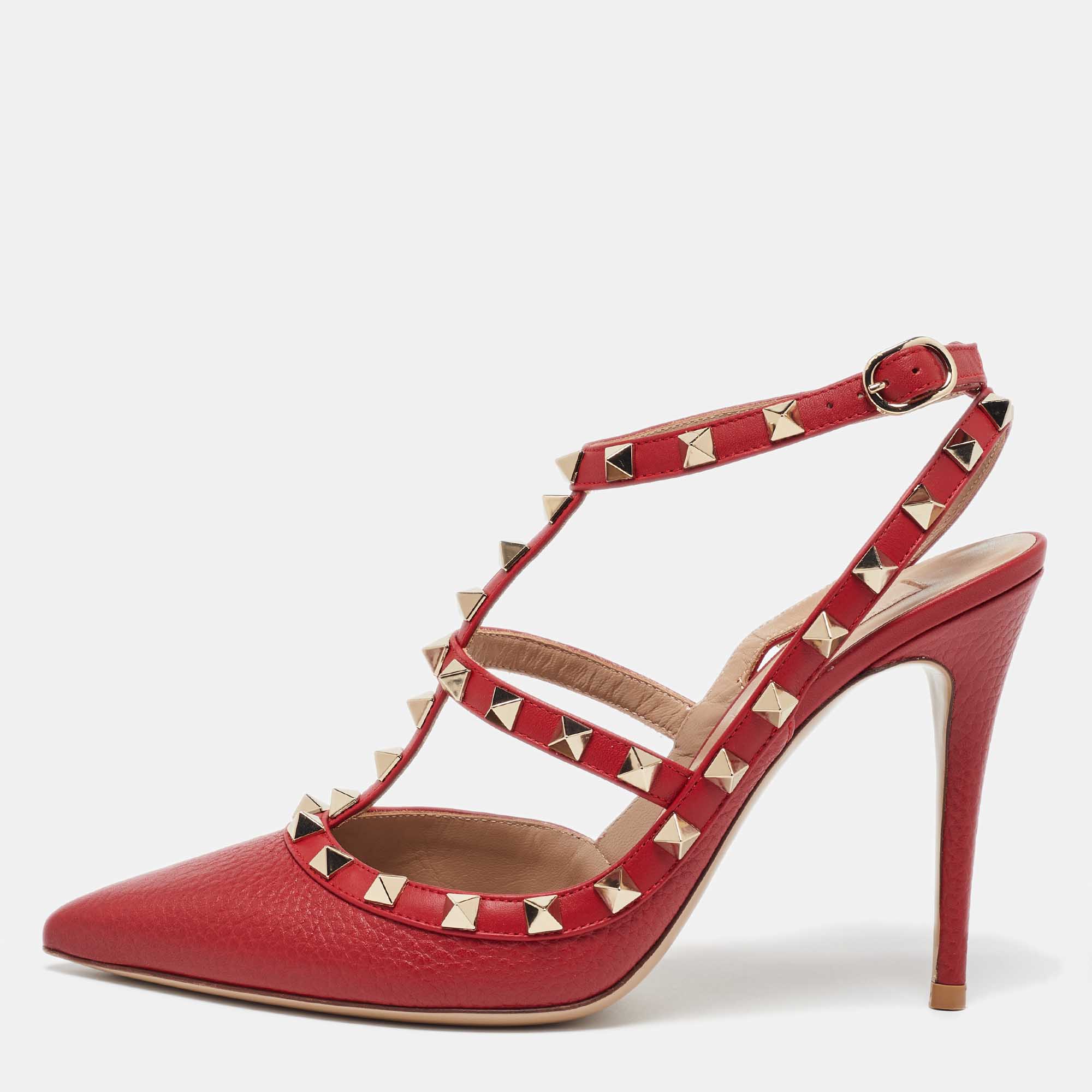 

Valentino Red Leather Rockstud Ankle Strap Sandals Size