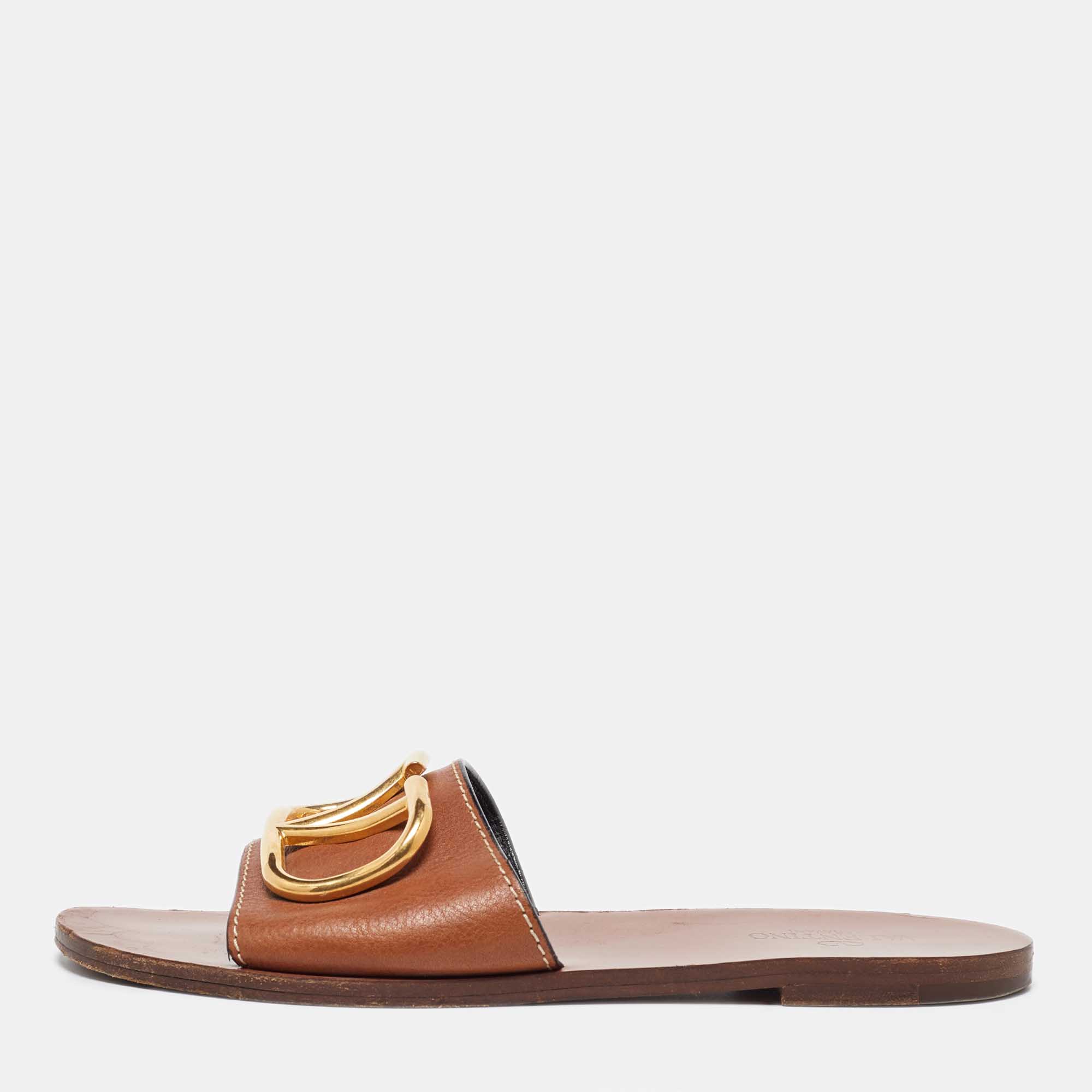 

Valentino Brown Leather Escape V logo Flat Sandals