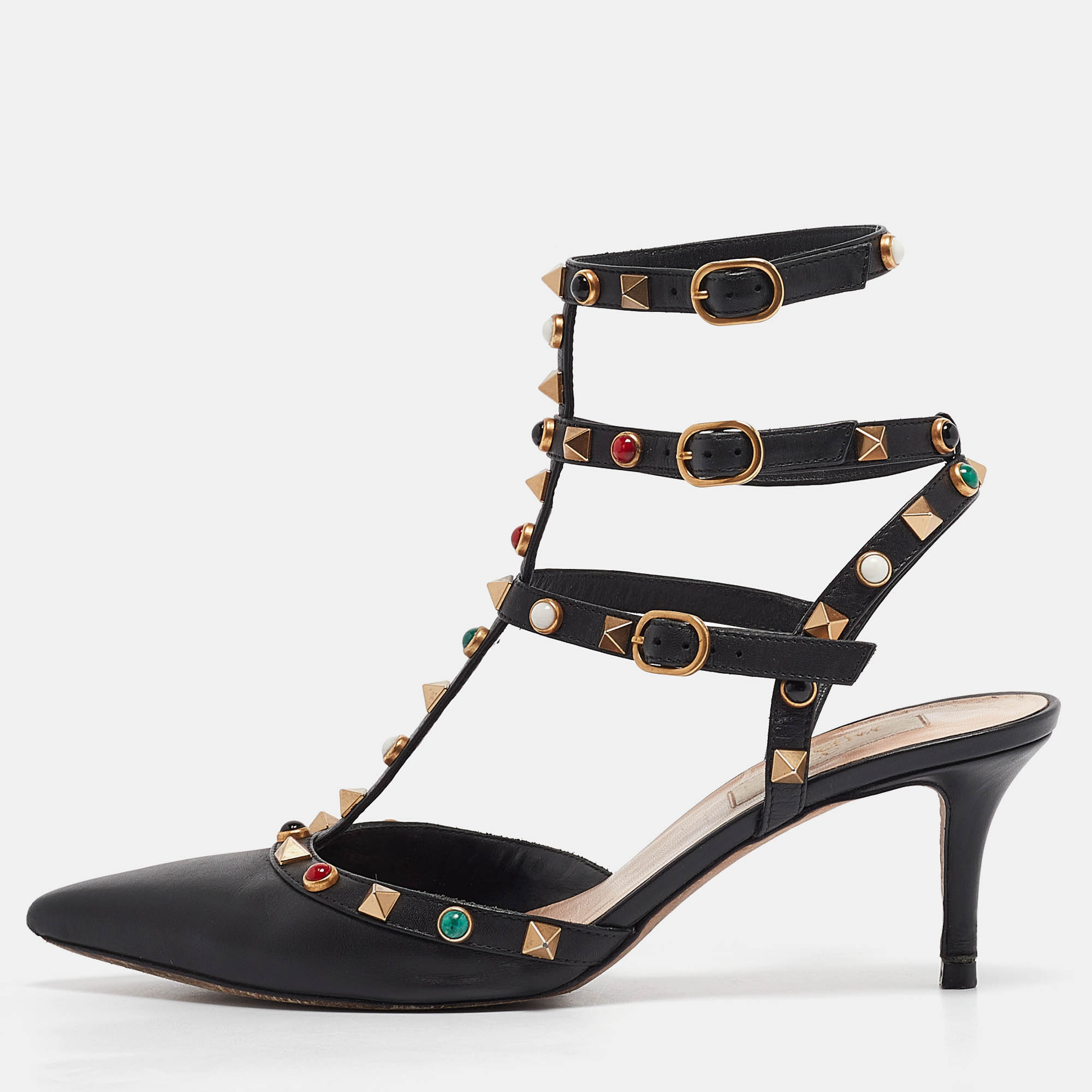 

Valentino Black Leather Rolling Rockstud Ankle Strap Pumps Size