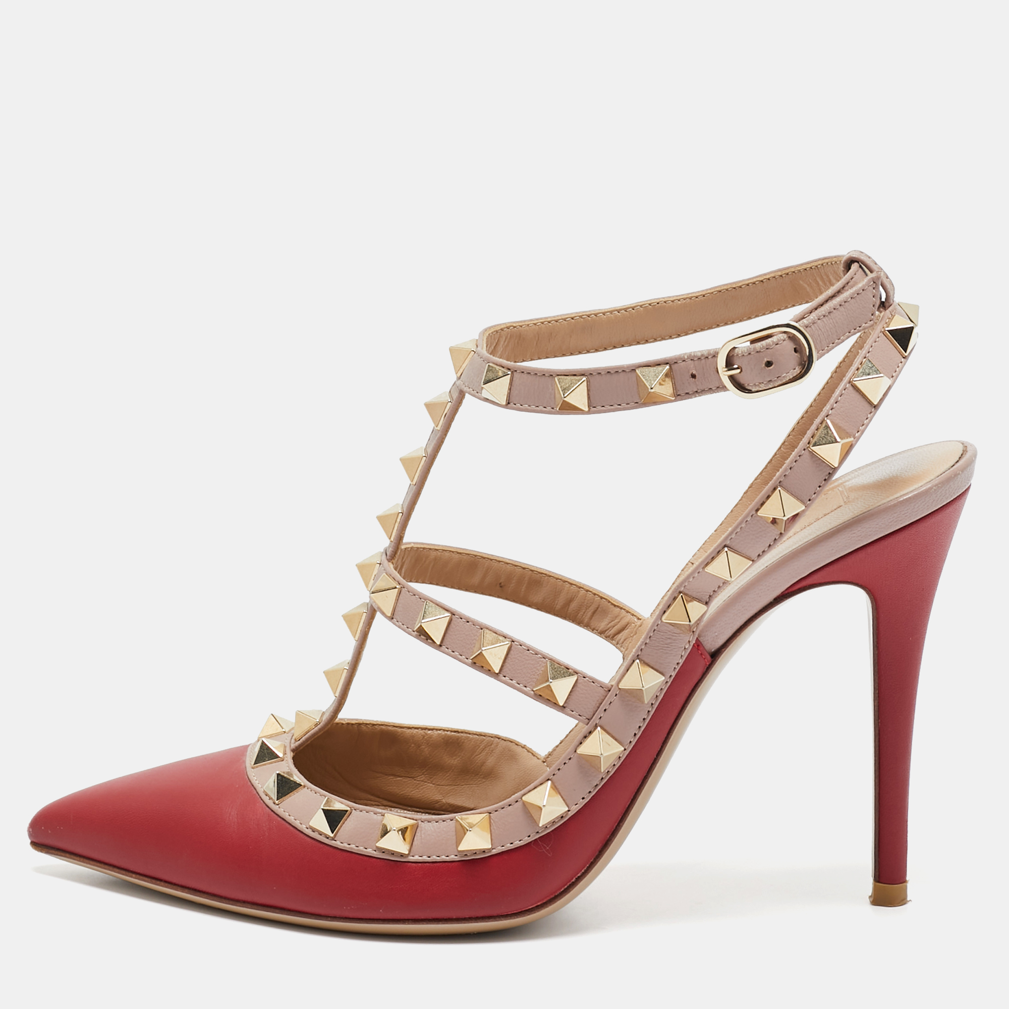 

Valentino Red/Dusty Pink Leather Rockstud Ankle Strap Pumps Size