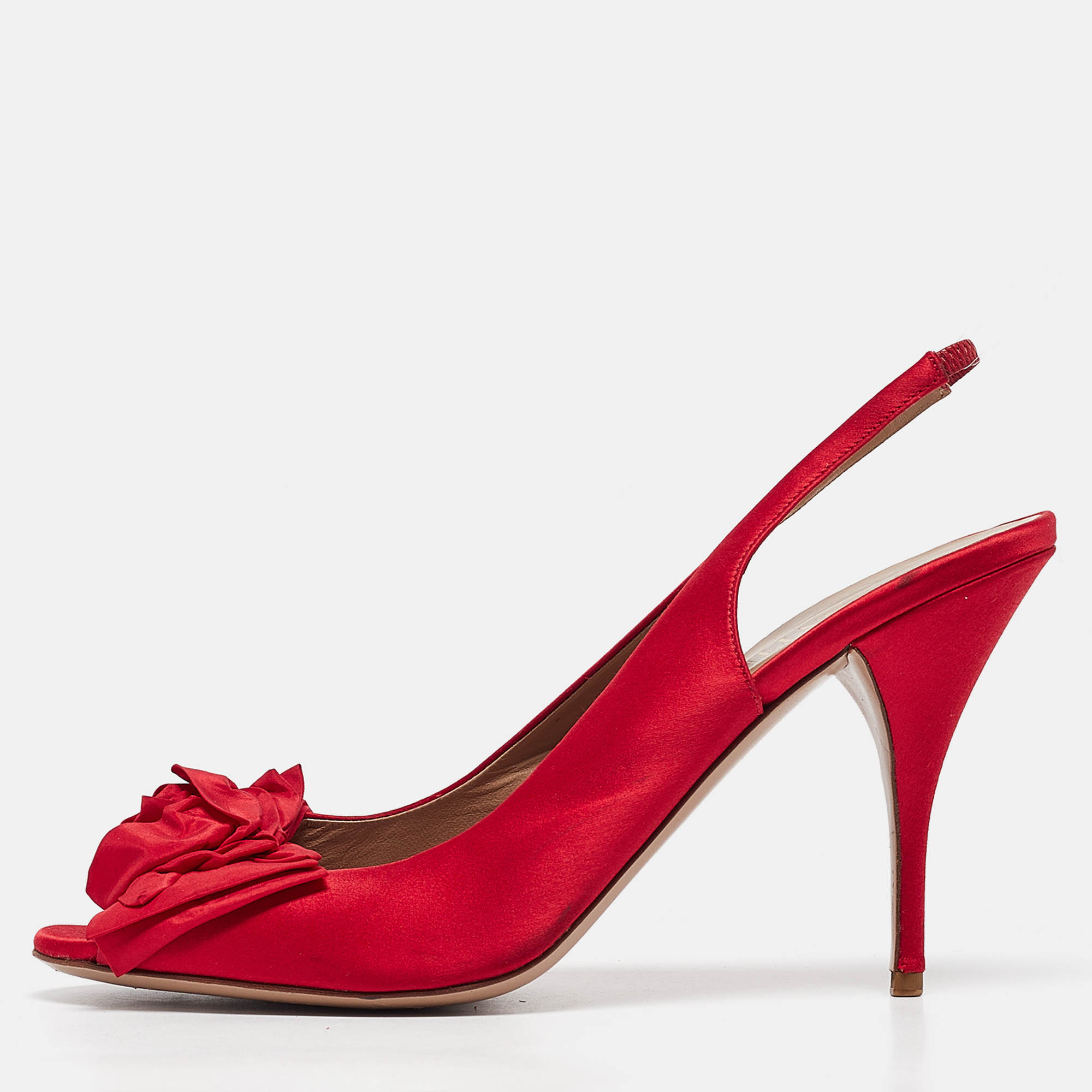 Pre-owned Valentino Garavani Red Satin Bow Peep Toe Slingback Pumps Size 40