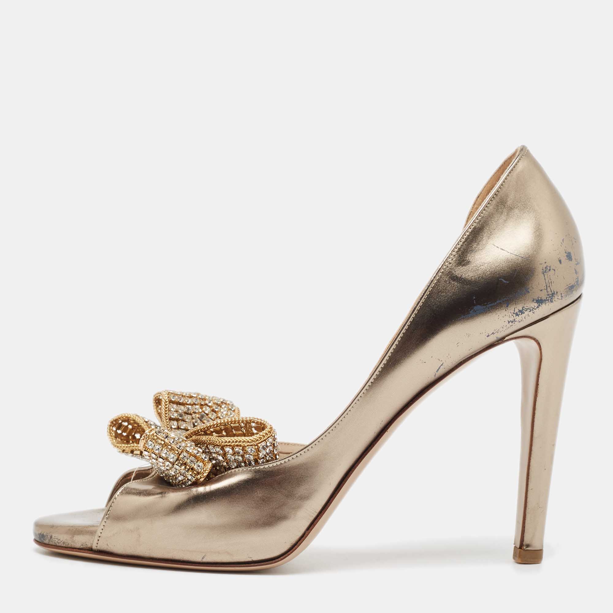 

Valentino Metallic Leather Crystal Embellished Bow D'orsay Pumps Size