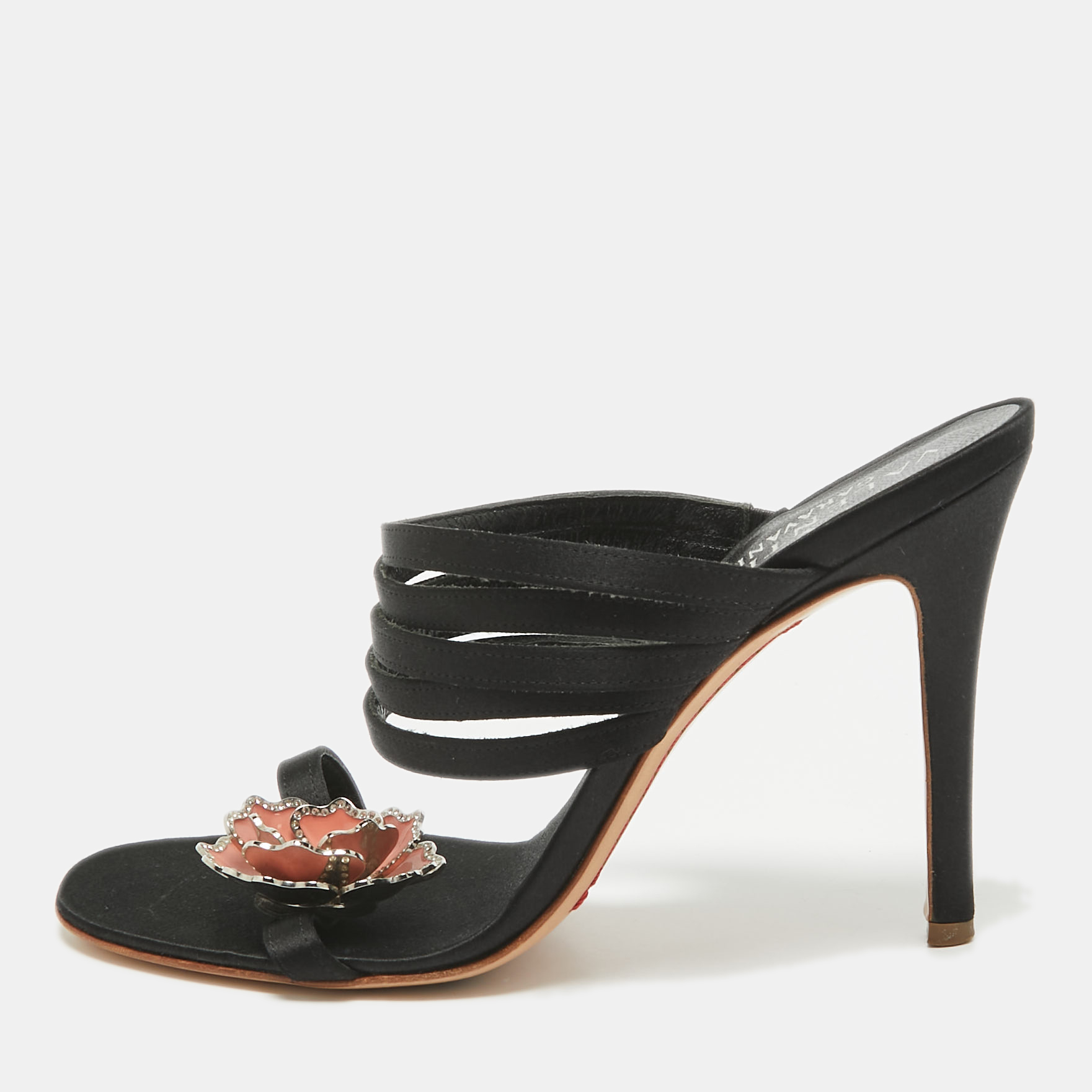 

Valentino Black Satin Embellished Flower Slide Sandals Size