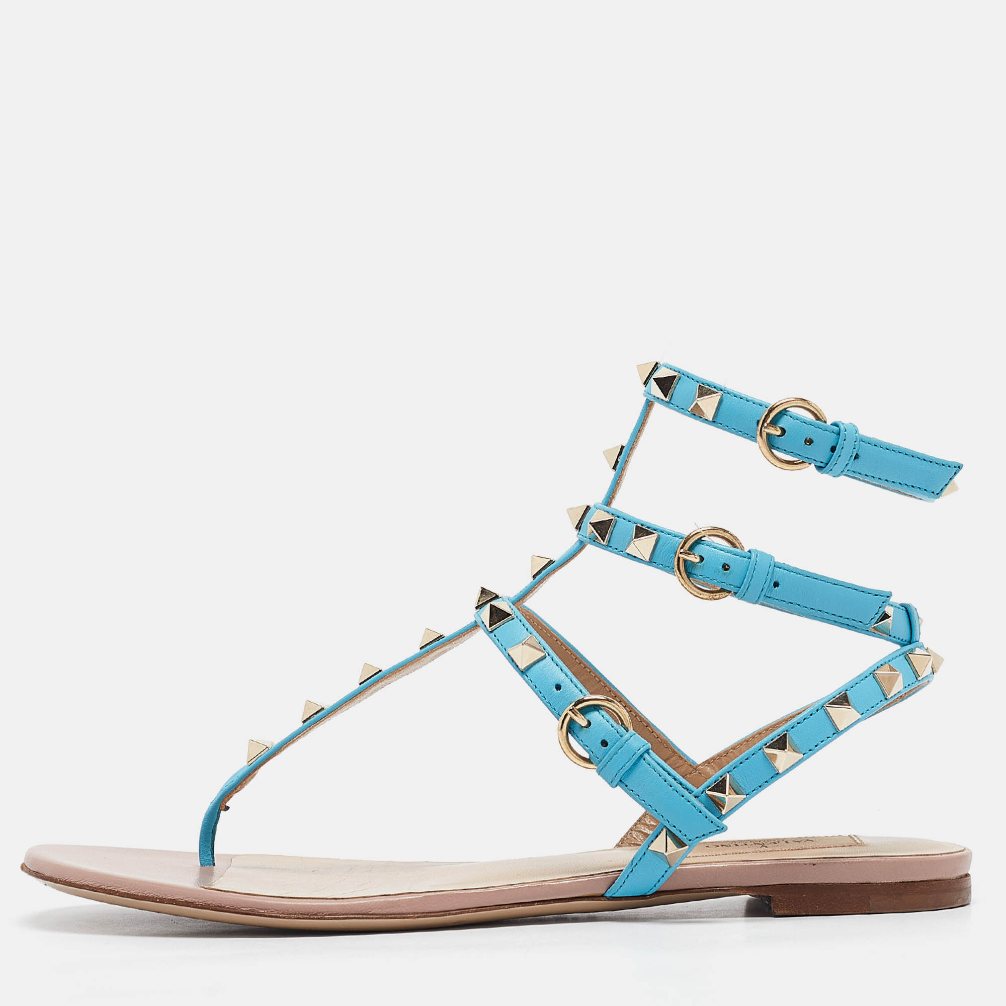 Pre-owned Valentino Garavani Blue Leather Rockstud Flat Sandals Size 39