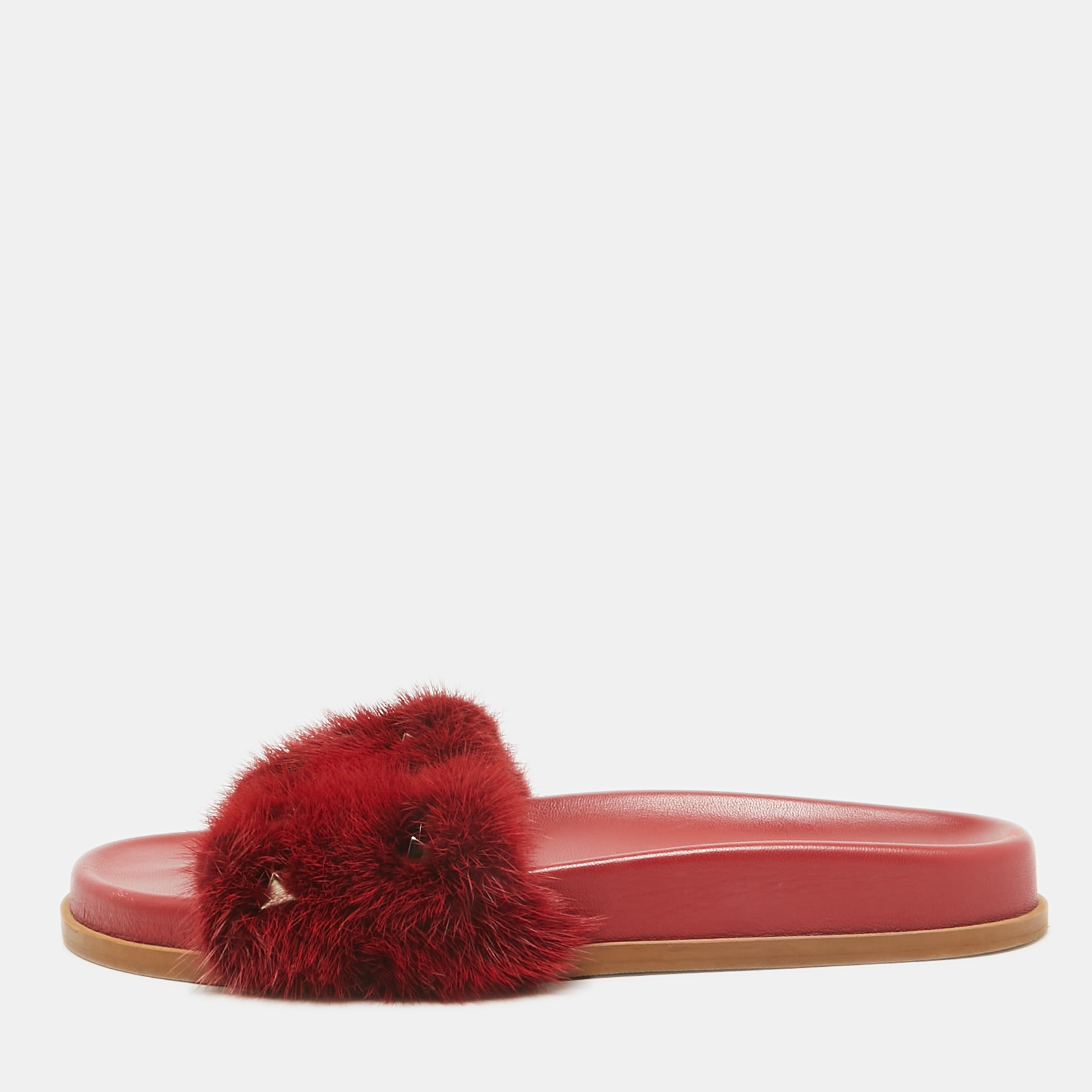 

Valentino Red Fur Rockstud Slide Flats Size