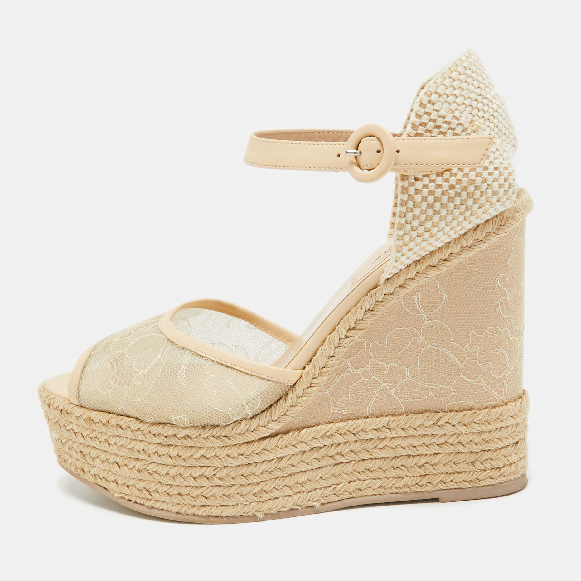 

Valentino Two Tone Lace and Leather Espadrille Wedge Ankle Strap Sandals Size, Beige