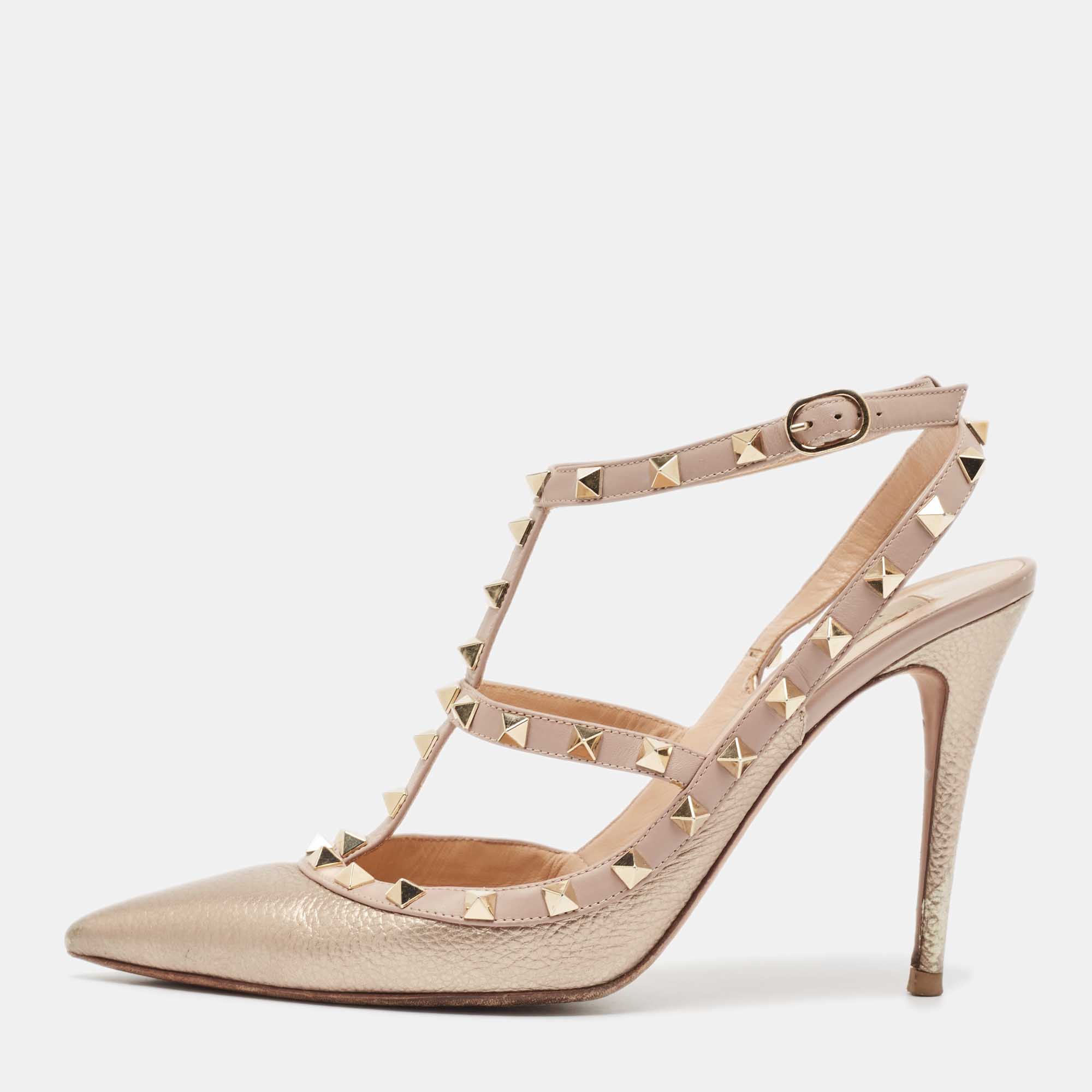 

Valentino Metallic Pink Leather Rockstud Ankle Strap Pumps Size